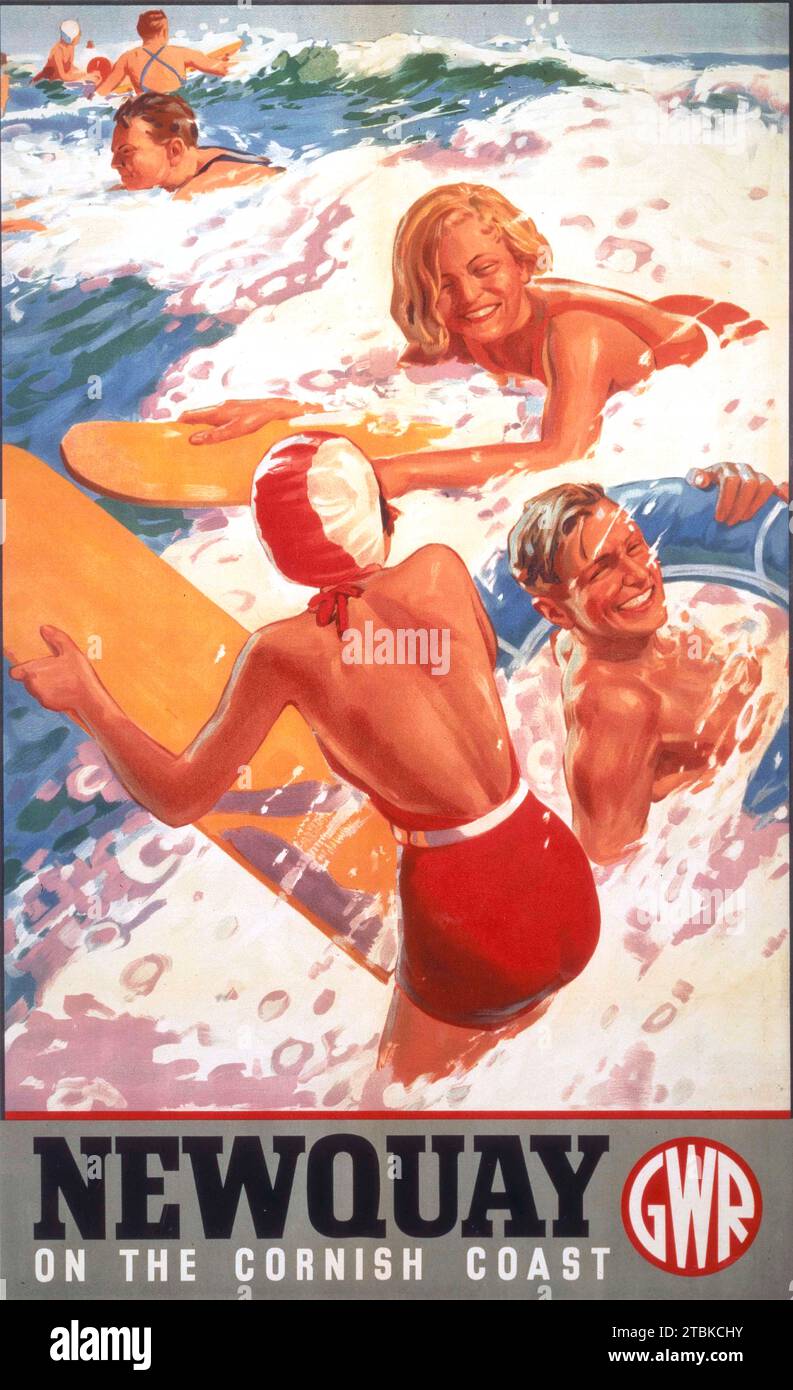 Great Western Railway travel poster for the beach and surfing destination of Newquay. Stock Photo
