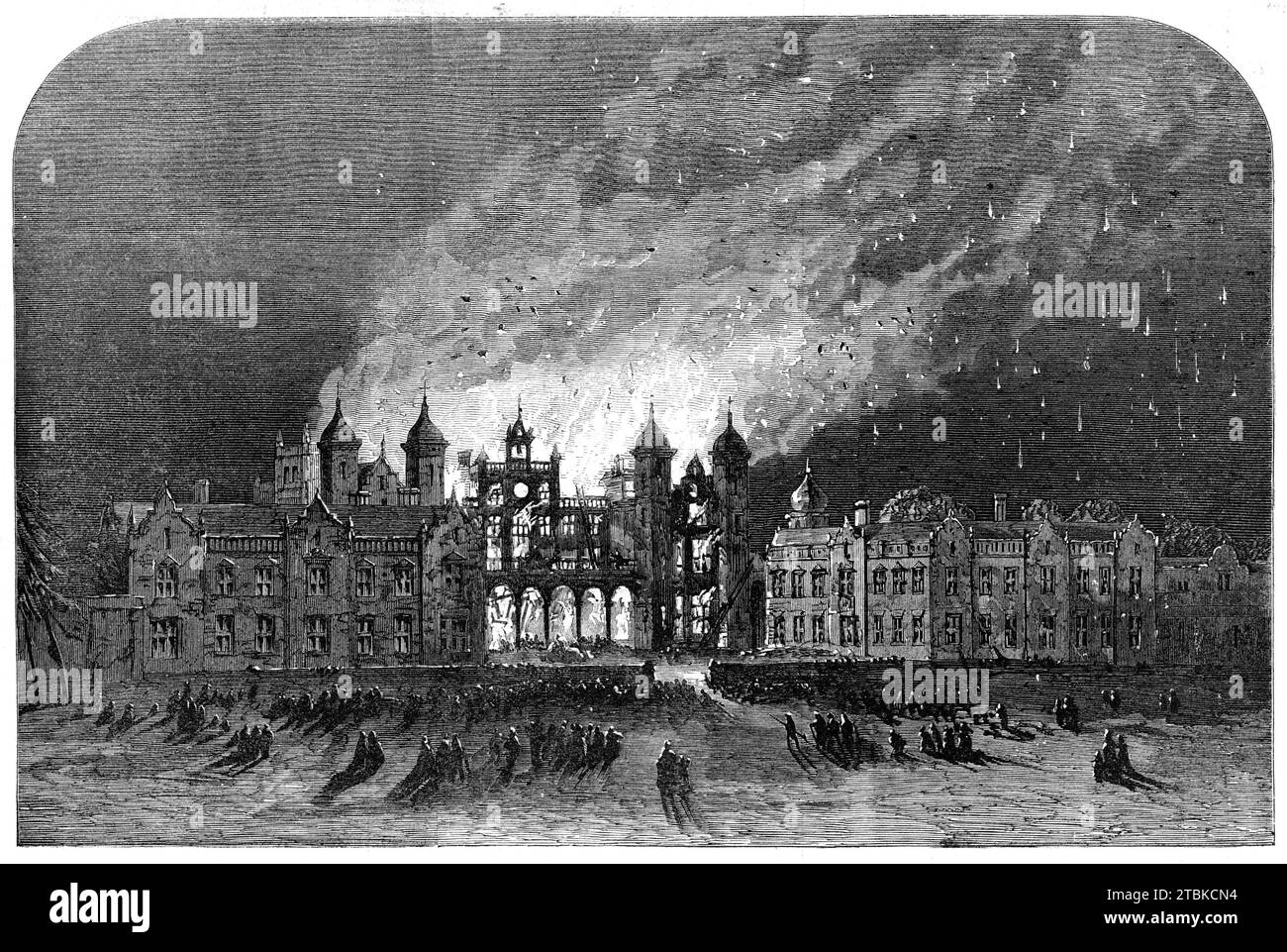 The Burning of Capesthorne Hall, Cheshire: the South Front, 1861. 'The stately mansion...was...the scene of a terrible fire, which completely gutted the spacious and handsome building, and resulted in damage amounting to several thousand pounds...the only inmates of the hall when the catastrophe occurred were the owner Arthur Henry Davenport, Esq. and a guest, and the usual servants. The fire...must have been in existence some time before discovered by the footman...[who] raised the alarm...but...within an hour or two the flames issued forth from almost every window in front of the mansion and Stock Photo