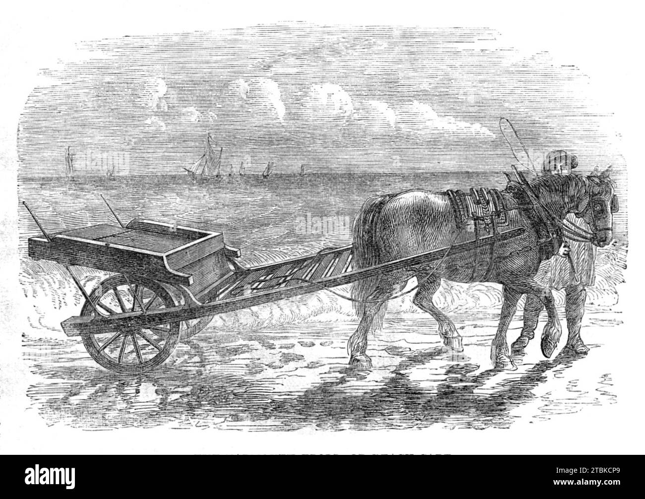 The Yarmouth Troll, or Beach-cart, 1861. 'This &quot;coach,&quot; best explained in its Illustration, is a low beach-cart, used in the conveyance of the fish from the seaside: it is properly called a troll, and owes the origin of its construction to the narrowness of the streets aforesaid, which, consisting of a series of rows or alleys running parallel from east to west, have communication with the quay: they are in number upwards of 150, and are not of sufficient width to admit of the passage of the usual kind of cart. These trolls will carry a great load, the fishermen being great adepts in Stock Photo
