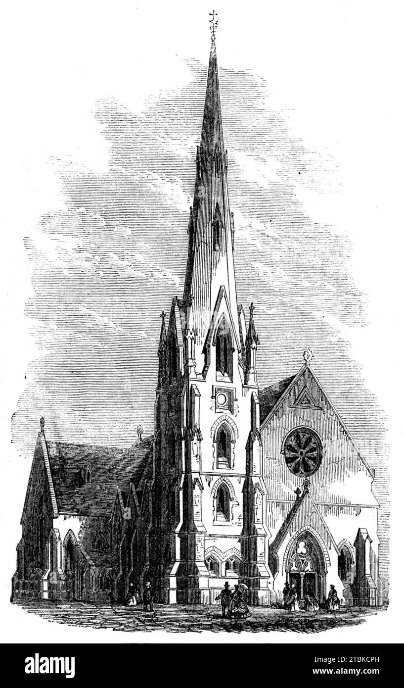 St. Stephen's Church, Albert-Square, Clapham, [London], 1861. 'This new church, in the parish of South Lambeth, was consecrated some short time since by the Bishop of Winchester. It is built on a waste piece of land at the back of Albert-square, in part the gift of the copyholder, Mr. T. T. Williamson, and enfranchised by the Dean and Chapter of Canterbury. The plan is to some extent cruciform, terminating at the east end with transepts, a chancel, and a vestry. It is a very pretty church externally, and the interior is very good in effect. The tower, with its lofty and elegant spire (the enti Stock Photo