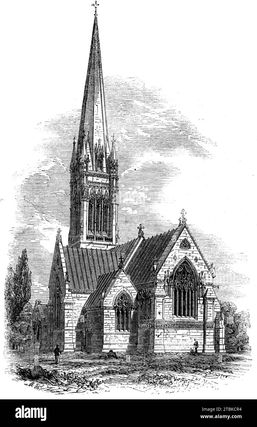 St. Mary's Church, South Dalton, Yorkshire, 1861. Newly-built church in the united parish of South Dalton and Holme-on-the-Wolds, '...a good example of a country church. It is from the designs of Mr. J. L. Pearson, of Harley-street, and has been built as a thank-offering by Lieut.-General Lord Hotham, M.P., the patron and principal landowner, at a cost exceeding &#xa3;20,000. The style is late Early English or Transition Decorated. Outside it is Steetley and inside Hildenley stone, which last is laid in dark mortar, to relieve its whiteness; but there is an absence of constructive and decorati Stock Photo