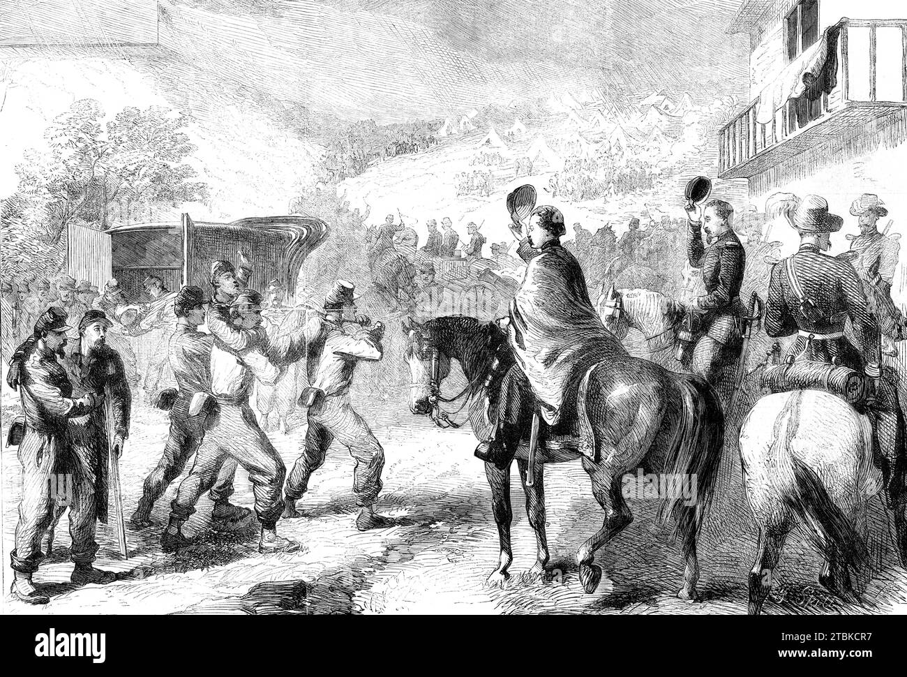 The War in America: bringing in the Federal wounded after the skirmish at Lewinsville, Virginia - from a sketch by our special artist, 1861. 'Just as the wounded were being brought in General M'Clellan reached the ground with an Aide-de-Camp and an escort of dragoons. He raised his hat as each poor fellow was borne from the ambulance to the hospital; and many whose eyes were fast glazing in death raised themselves in the arms of those who bore them and smiled a last smile at their young and beloved General. Our artist writes: &quot;I have just come from a cruise down the Potomac, and while awa Stock Photo