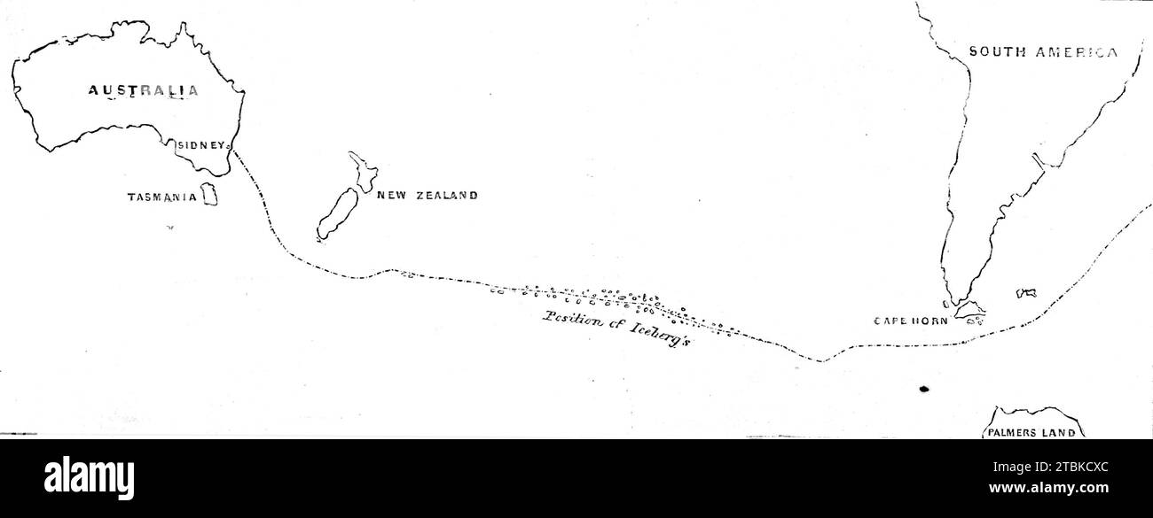 Course of the Damascus from Sydney to Cape Horn on her voyage to London in July and August last, showing the group of icebergs through which she sailed for nine days, 1861. 'The Damascus encountered on her homeward passage an unusual quantity of ice, extending over nearly 2200 miles...a circumstance which should be noticed for the information of navigators...The icebergs...were of an altitude, size, and appearance not to be accounted for but by the accumulation of many years, some reaching a height of 170ft., formed of several peaks and ridges of the most varied figures, all exhibiting the app Stock Photo