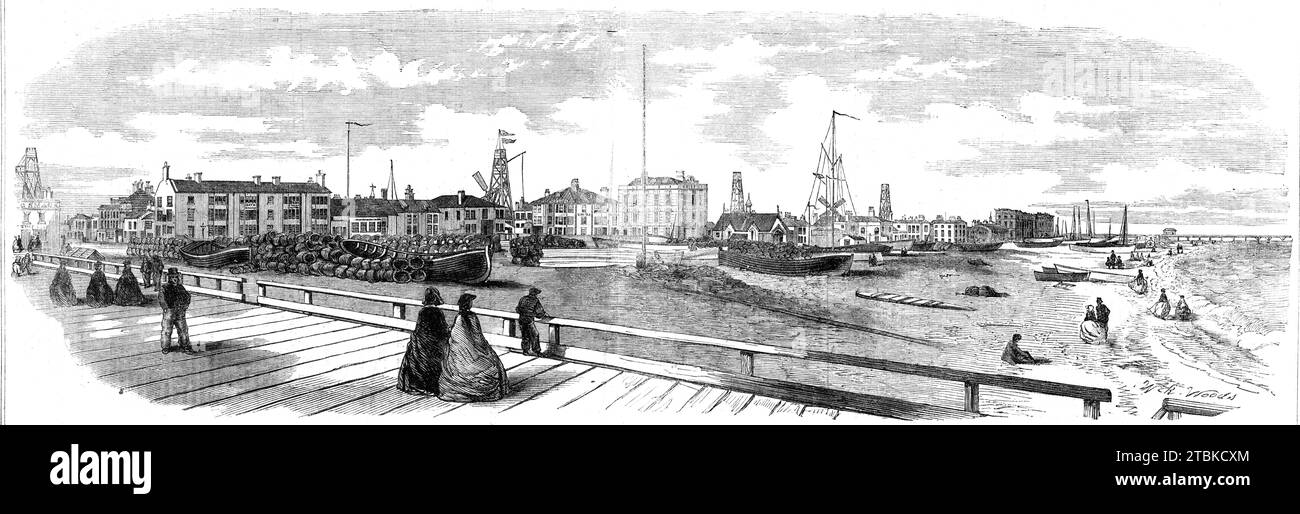 View of buildings facing the sea at Great Yarmouth [on the Norfolk coast], from the old jetty to the Britannia Pier, 1861. '...Illustration of the buildings at Yarmouth fronting the sea, showing the late improvements. The view, which extends as far as the Britannia Pier, was taken from the platform of the 0ld Jetty, and comprises within that space those most recently erected, the most conspicuous of which, nearly in the centre, being the Sailor Home - a striking and noble building'. From &quot;Illustrated London News&quot;, 1861. Stock Photo