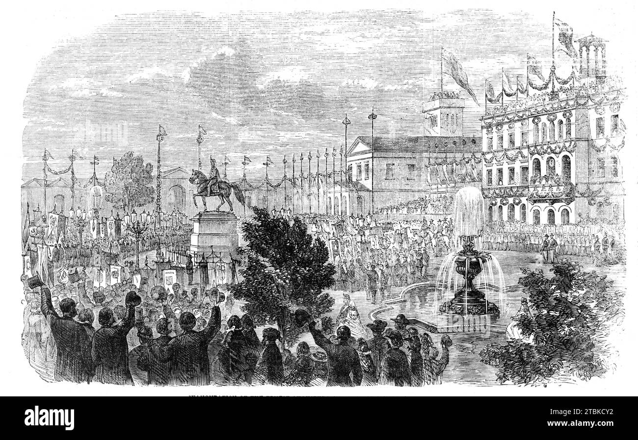 Inauguration of the Ernest-Augustus Monument at Hanover, 1861. Engraving from a drawing by Louis Herhold. Unveiling of an equestrian statue. '...the town was the scene of such a festival as, perhaps, has never been celebrated there since its foundation. This was to inaugurate the monument raised to the memory of the late King Ernest Augustus, Duke of Cumberland, fifth son of George III., who came to the throne of Hanover on the 20th of June, 1837, and died on the 18th of November, 1851, in the fourteenth year of his reign. It has been raised entirely by voluntary contributions from the people Stock Photo