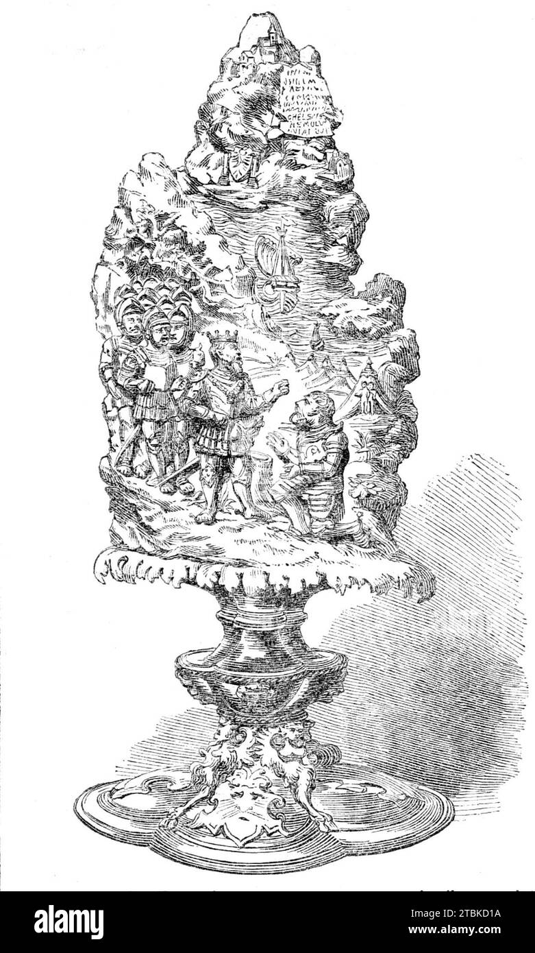 Presentation piece to the Emperor Charles V., 1861. '...an ornament in silver, quaint in design but beautiful exceedingly in workmanship, which is supposed to have been given to Charles V. in commemoration of the stupendous victory obtained by his forces over Francis I., at the battle of Pavia, in 1526. The original forms part of the celebrated Ambras Collection, in the Belvidere at Vienna. This collection takes its name from the Castle of Ambras, near Inspruck, in the Tyrol, which belonged to the Archduke Ferdinand..., a Prince who, full of the revived spirit of learning which arose in the si Stock Photo