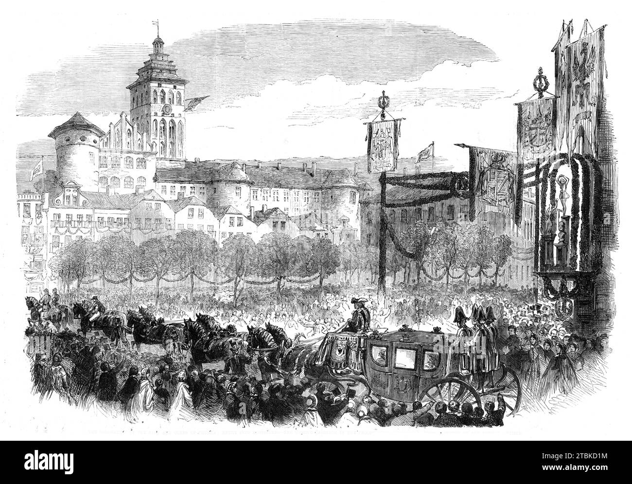 The Coronation of the King and Queen of Prussia: entry into K&#xf6;nigsberg [now Kaliningrad] - the Queen's carriage in the procession to the castle - from a sketch by our special artists, 1861. 'On leaving the church the King and the Queen, as soon as they made their appearance in the court of the palace, were loudly cheered, and the bands played &quot;God Save the King&quot; and other music during the return of the procession to the palace...'. From &quot;Illustrated London News&quot;, 1861. Stock Photo