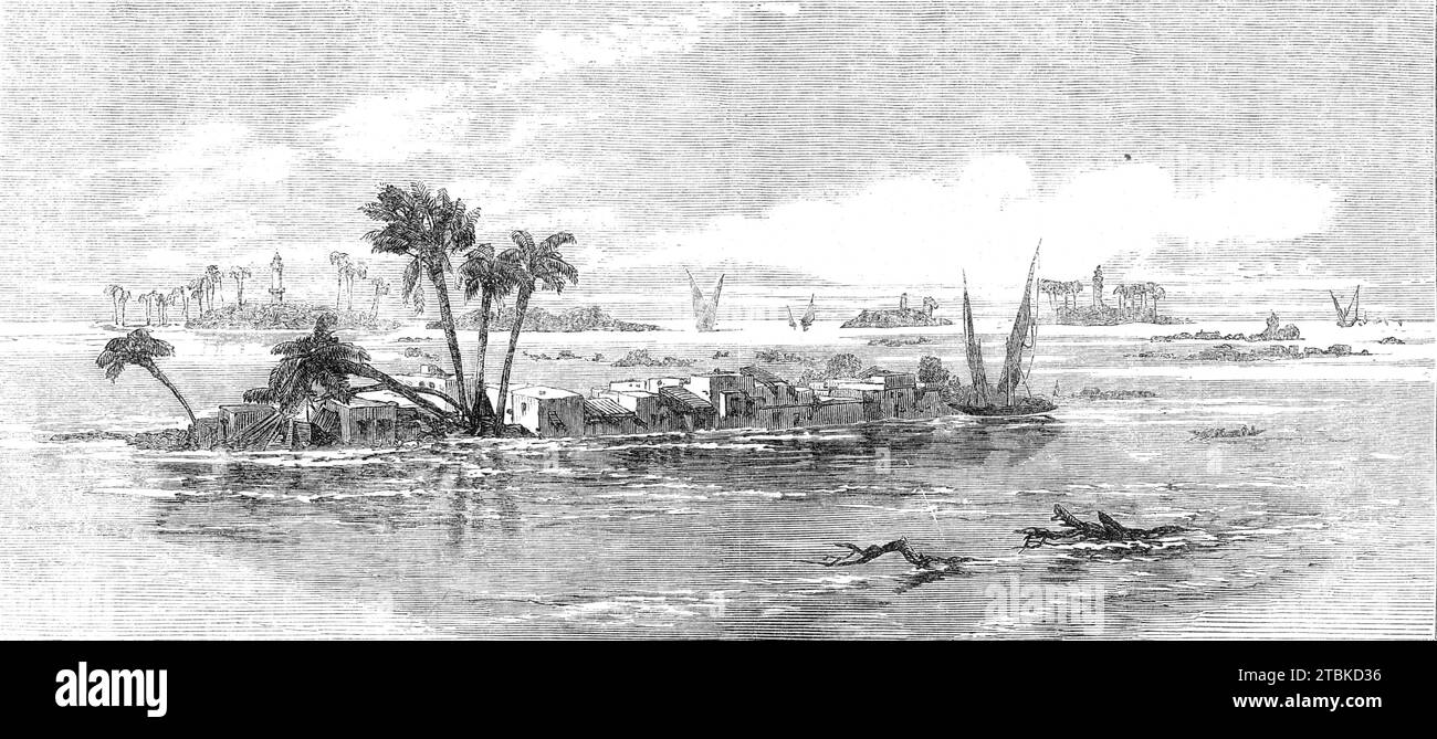 Inundation of the Nile: view of villages and encampment on the bank of the Nile, 1861. 'Egypt owes its existence as a productive and habitable region to the Nile, the periodic overflowings of which more than answer the purpose of rain...The rise of the Nile begins in June...overflowing the low lands along its course. The Delta then looks like an immense marsh, interspersed with numerous islands, with villages, towns, and plantations of trees just above the water. Should the Nile rise a few feet above its customary elevation the inundation sweeps away the mud-built cottages of the Arabs, drowns Stock Photo