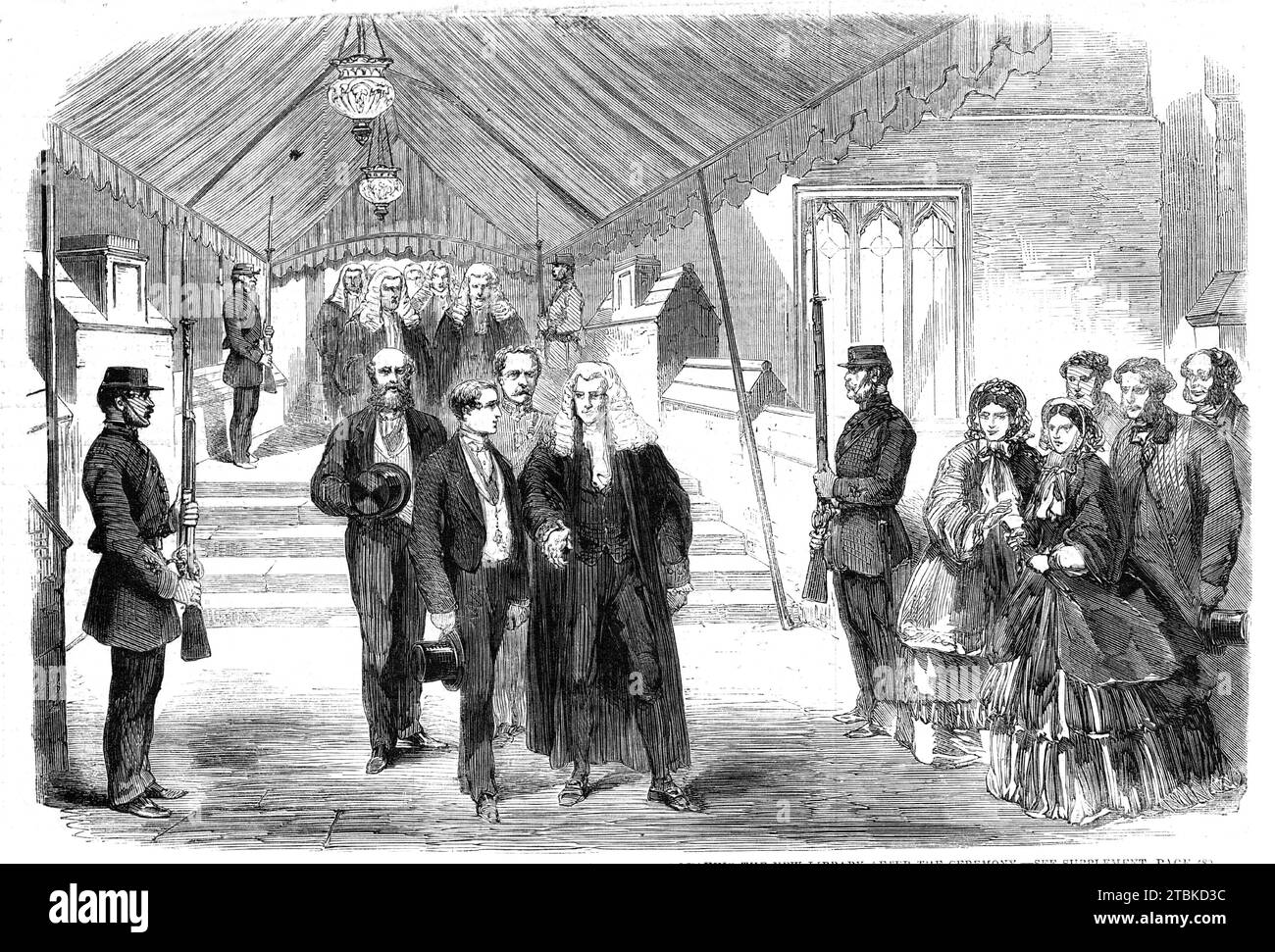 Opening of the Middle Temple Library by the Prince of Wales: His Royal Highness leaving the new library after the ceremony, 1861. The future King Edward VII visits legal chambers in the City of London. The Library was previously located in chambers to the left of the original Hall entrance. In the 19th century it was moved into purpose-built rooms. These became the Parliament Chamber when a new purpose-built library was opened by the then Prince of Wales in 1861. The new library building, although fashionable, was not received with universal acclaim. One 'Templar', writing anonymously to the e Stock Photo