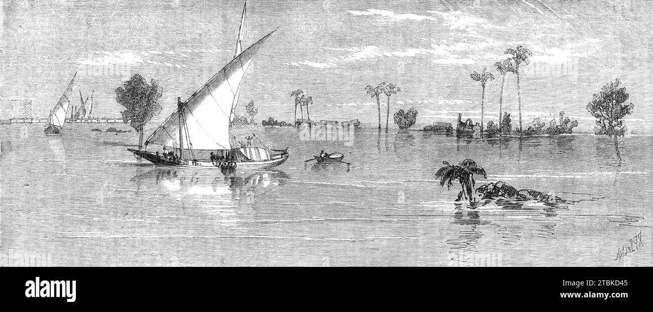 Inundation of the Nile: view below Kafr Zayat, showing the railway-bridge, and train off the line, 1861. 'The Nile has risen this year seven feet and a half higher than the customary floods, causing great losses, and involving many of the inhabitants in utter ruin...The communications with the interior are so completely destroyed that there had been no steamer even from Cairo since the Calcutta passengers came through...there is no doubt that a large quantity of cotton is lost...in one village, sixty persons are believed to have perished...The railway is damaged for twenty miles more or less, Stock Photo