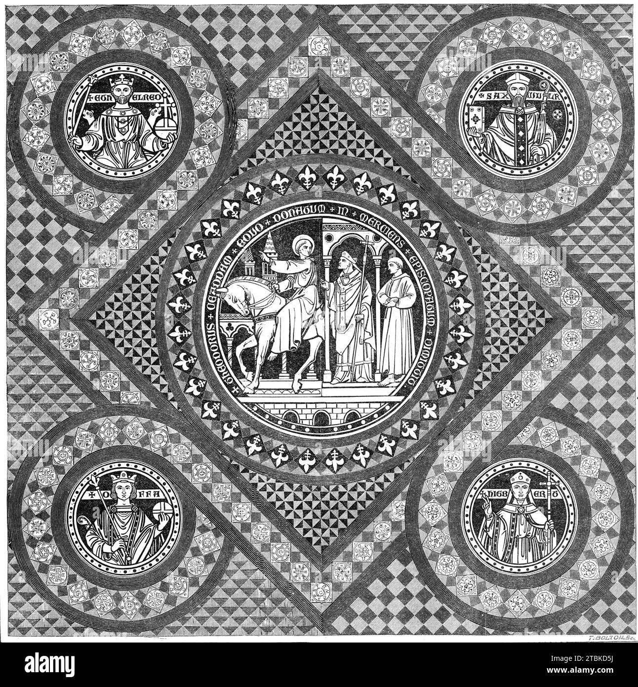 Incised pavement in Lichfield Cathedral, 1861. St Chad on horseback. 'Amongst the many noteworthy works comprised in the recent restorations, under G. G. Scott, R.A....is conspicuous the elaborately-wrought pavement...This work is principally remarkable from its representation of a process which has scarcely been recognised in our late revival of ancient art. We allude to the execution of &quot;storied&quot; pavements...rich with illustrations of sacred history and significance...The pavement...has been subdivided quarterly. In each division is a circular slab, upwards of 3ft. in diameter, of Stock Photo