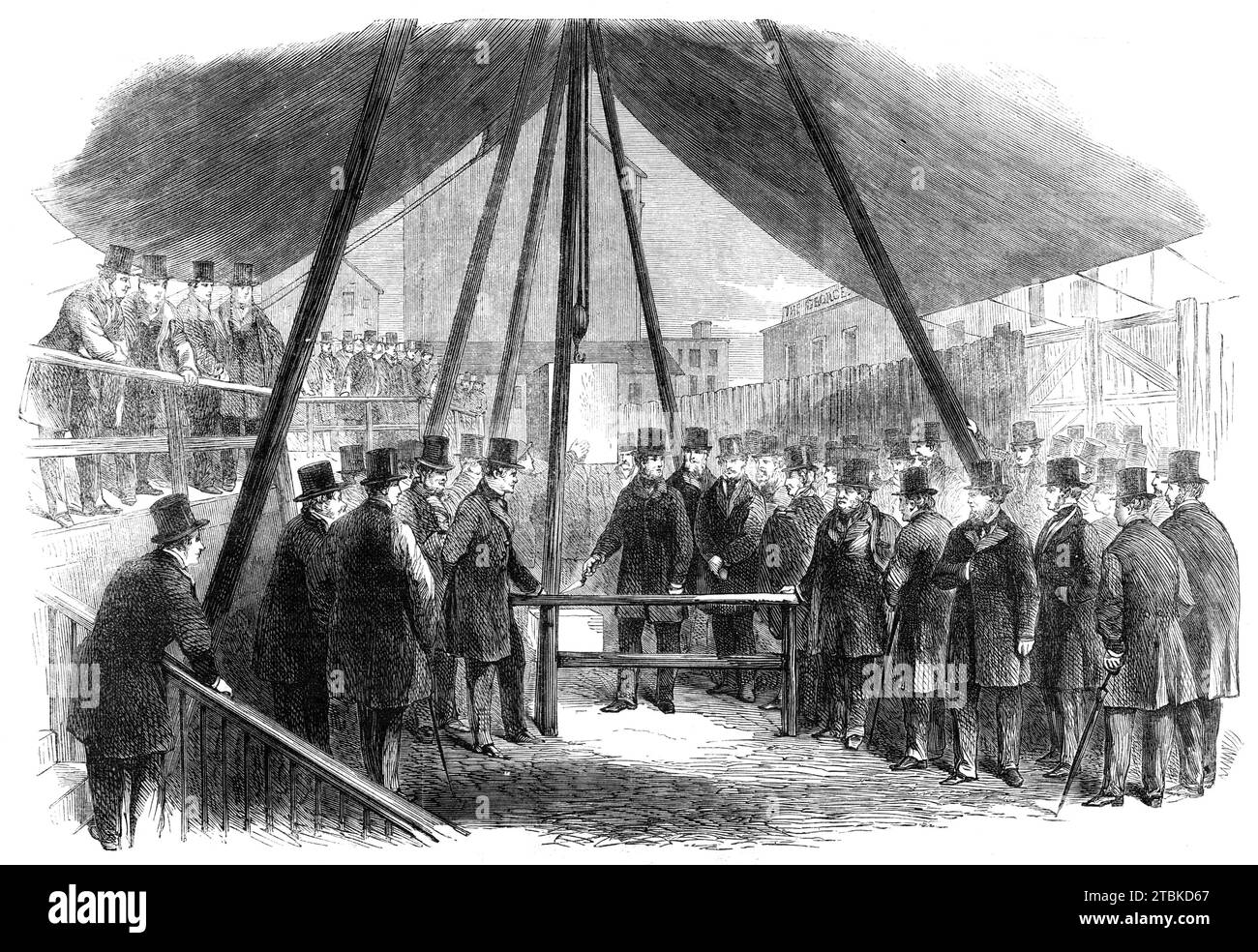 Lord Berners laying the foundation-stone of the Agricultural Hall, Islington, [London], 1861. The building would '...take the place of the Baker-street Bazaar for the Christmas exhibition of the Smithfield Cattle Club, and for meetings and other purposes connected with the promotion of agricultural improvement... The building will occupy an extensive area in Liverpool-road, but a few hundred yards from the Angel at Islington. Its capacity will be very much greater than that of the Baker-street Bazaar, and it will contain the most ample accommodation for the exhibition of cattle, sheep, hogs, a Stock Photo
