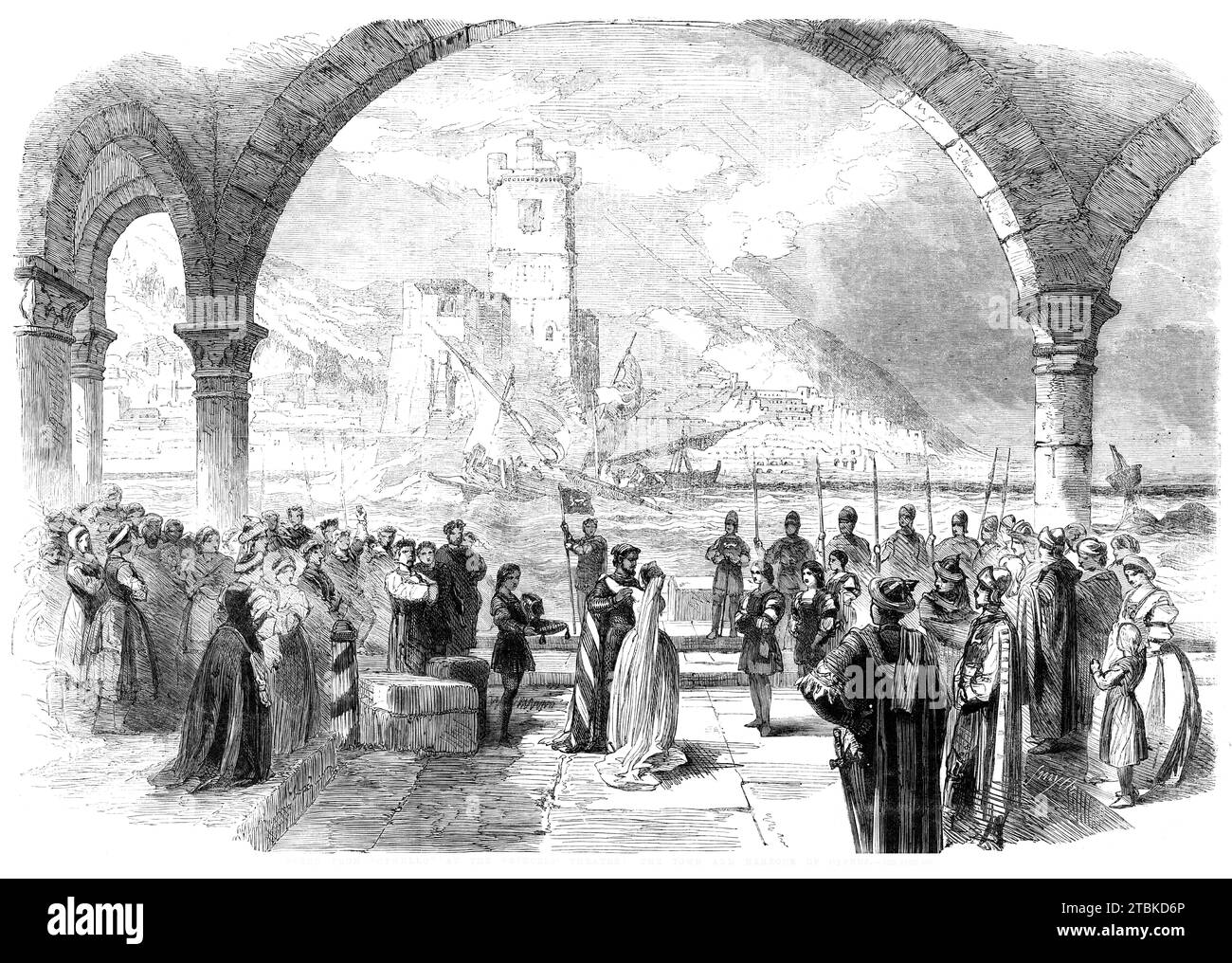 Scene from &quot;Othello&quot; at the Princess' Theatre: the town and harbour of Cyprus, 1861. London stage production: Charles Fechter 'blacked up' as Othello. The scene, '...Cyprus under...a gradually abating storm...places the spectator, as it were, on a platform before the town, looking upon the harbour. Never were Mr. Telbin's skill and taste more beautifully shown than in this well-disposed pictorial set. [The set design includes]...a large arcade at the back of the scene, a gate on the right, and a capstan at the left comer, surrounded with bales of merchandise. These adjuncts enable th Stock Photo