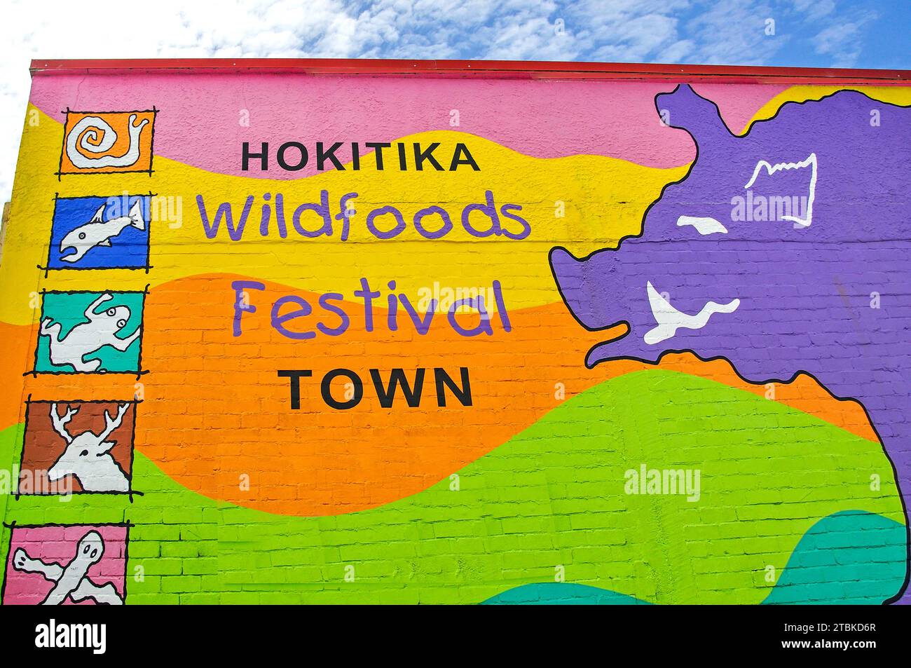Wild Food Festival wall mural, Hokitika, Westland District, West Coast District, South Island, New Zealand Stock Photo