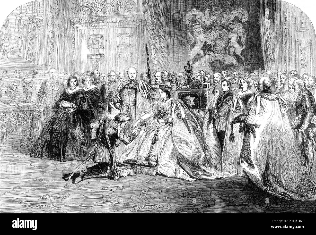 The First Investiture by Her Majesty of the Most Exalted Order of the Star of India in the Throne-Room, Windsor Castle, 1861. '...Princesses Alice, Helena, Louise, and Beatrice, Princes Arthur and Leopold, and the Princess of Hohenlohe, witnessed the ceremony...the Prince Consort and Prince of Wales having been first nominated extra knights, the following were then invested: Viscount Gough, Lord Harris, the Maharajah Dhuleep Singh, Lord Clyde, Sir John Lawrence, and Sir George Pollock...the Queen wore the mantle, which is of light blue satin, lined with white satin, and fastened with a cordon Stock Photo