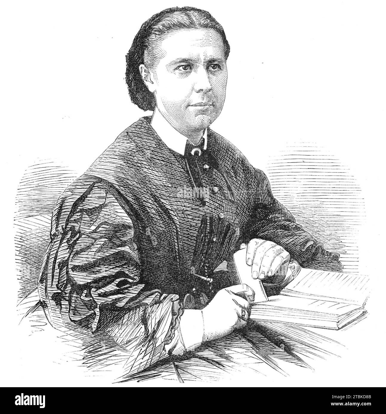 Miss Emily Faithfull, 1861. Engraving from a photograph by Herbert Watkins of the secretary of the Society for Promoting the Employment of Women. A committee was set up to report on the best way to increase the industrial employment of women. Faithfull  '...established a printing-press for the employment of women in Great Coram-street...The advocates of the &quot;family principle&quot; contended that the proper sphere of woman's usefulness was her home, and that her duty was the ministration to the comfort of husband and children...[however] the objectors were silenced...and...her Majesty sign Stock Photo