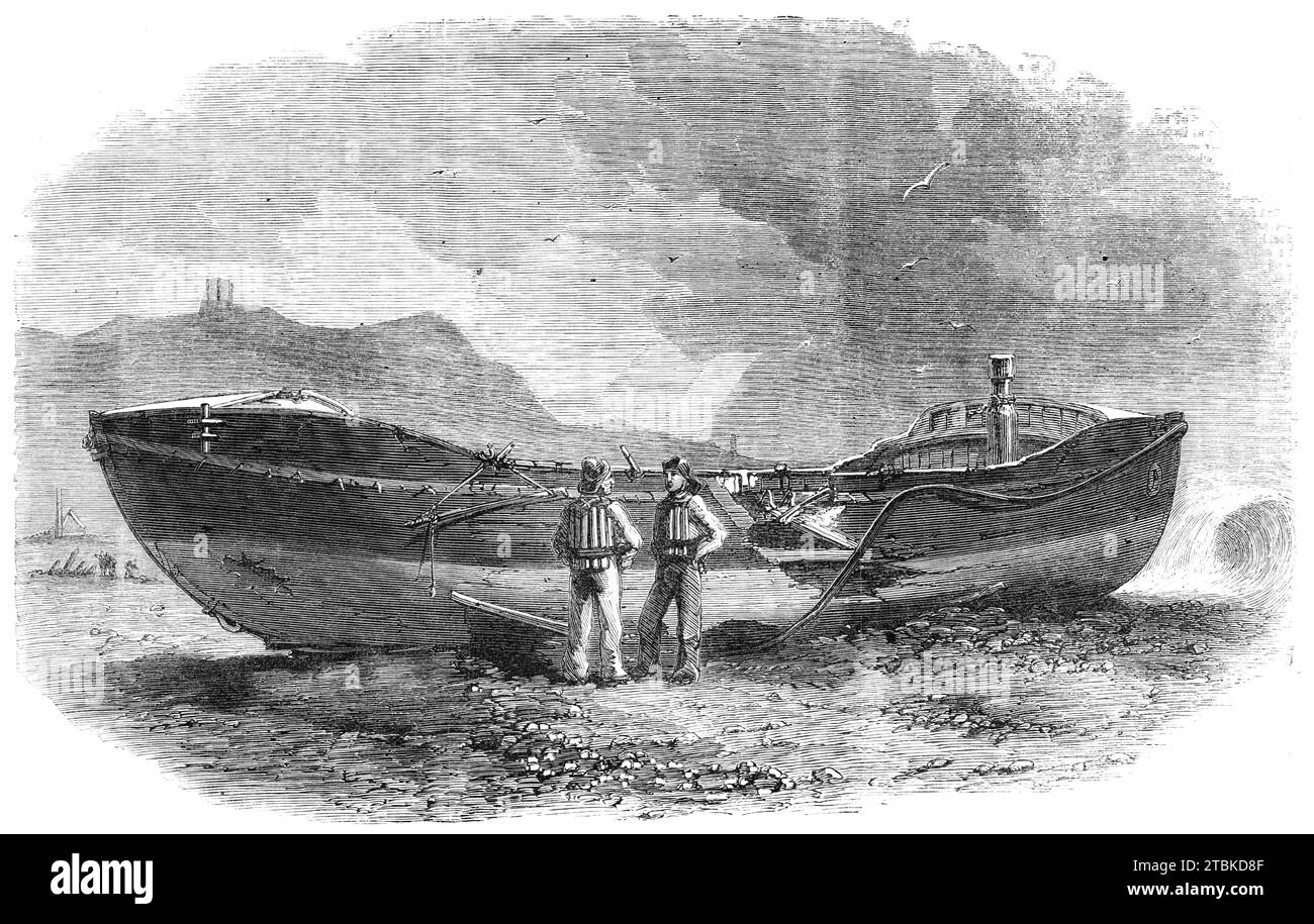 The Scarborough life-boat after the storm, 1861. '...the boat was dashed up to the wall...and down again she was precipitated into the foaming billows, her destruction and the loss of her unfortunate crew being apparently inevitable...Lord Charles Beauclerk...had rushed to the rescue of [his] fellow-men...A huge wave was seen to lift the boat with fearful force against the wall, and...he was washed to the foot of the cliff, where Mr. Sarony, the photographic artist, seeing his Lordship's great peril, ran down the incline to his assistance. Mr. Sarony succeeded, single-handed, in fastening a ro Stock Photo