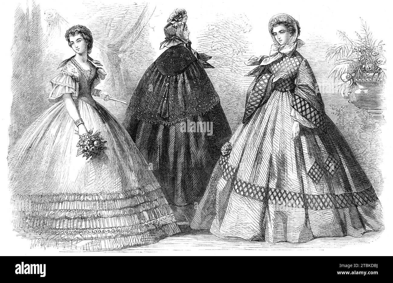 Paris fashions for December, 1861. '1. Dress for an Evening Party. White muslin robe, the skirt ornamented with flounces and bouillonn&#xe9;s deposed alternately. The corsage, rather longwaisted and very pointed, is lownecked and altogether of the Marie Antoinette style...The headdress consists of the couronne Ceres, attached behind by a bow of dark blue ribbons...2. The Etoile Manteau. This elegant cloak is of black velvet...Over the shoulder-piece...completed by a pair of tassels, are distributed a number of passementerie stars (whence the name of the manteau). The bonnet crowning this toile Stock Photo