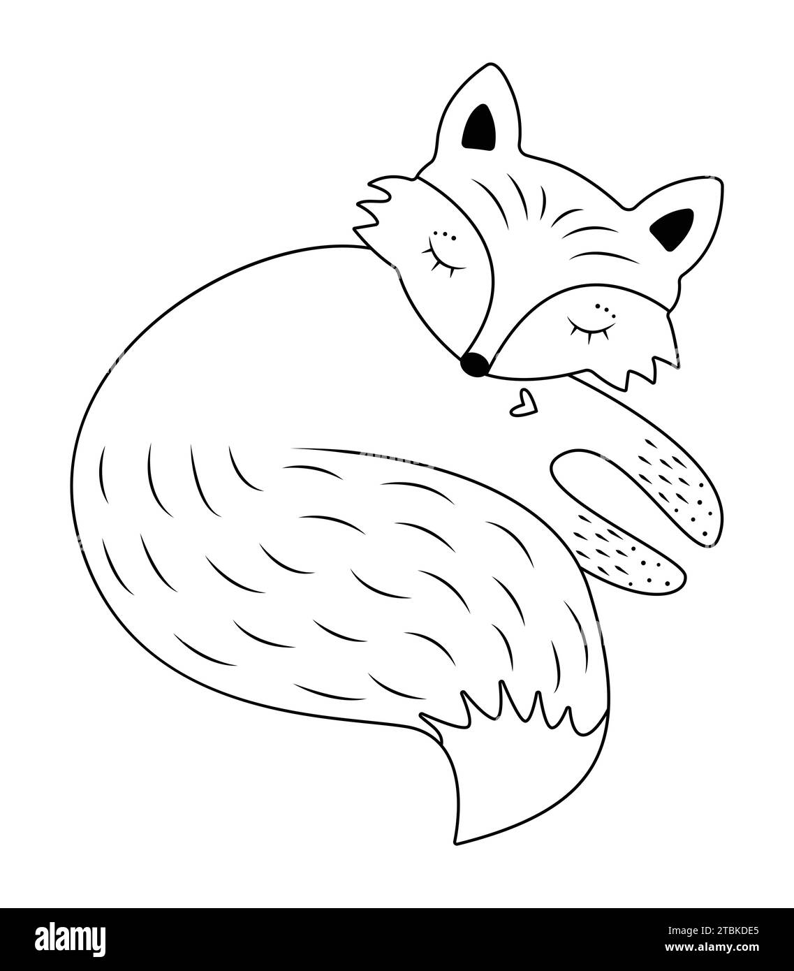 Cute sleeping fox, vector black line illustration of forest animal
