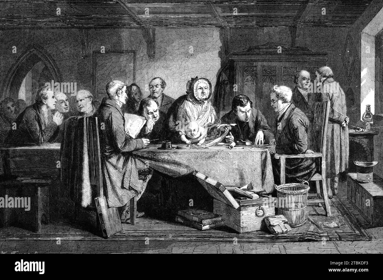 &quot;The Foundling&quot;, by G. B. O'Neill, in the National Gallery, South Kensington Museum, 1861. Engraving of a painting. 'Round the table of the boardroom in the union-house the guardians are assembled - hard, matter-of-fact men - examining a child which has been found in the street. The nurse who has it in charge is an admirable study...her broad, well-filled, but wrinkled countenance speaking of many creature comforts taken on the sly, her air of importance well befitting her important calling...We are told...that this personage is an exact portrait of some official original. The beadle Stock Photo