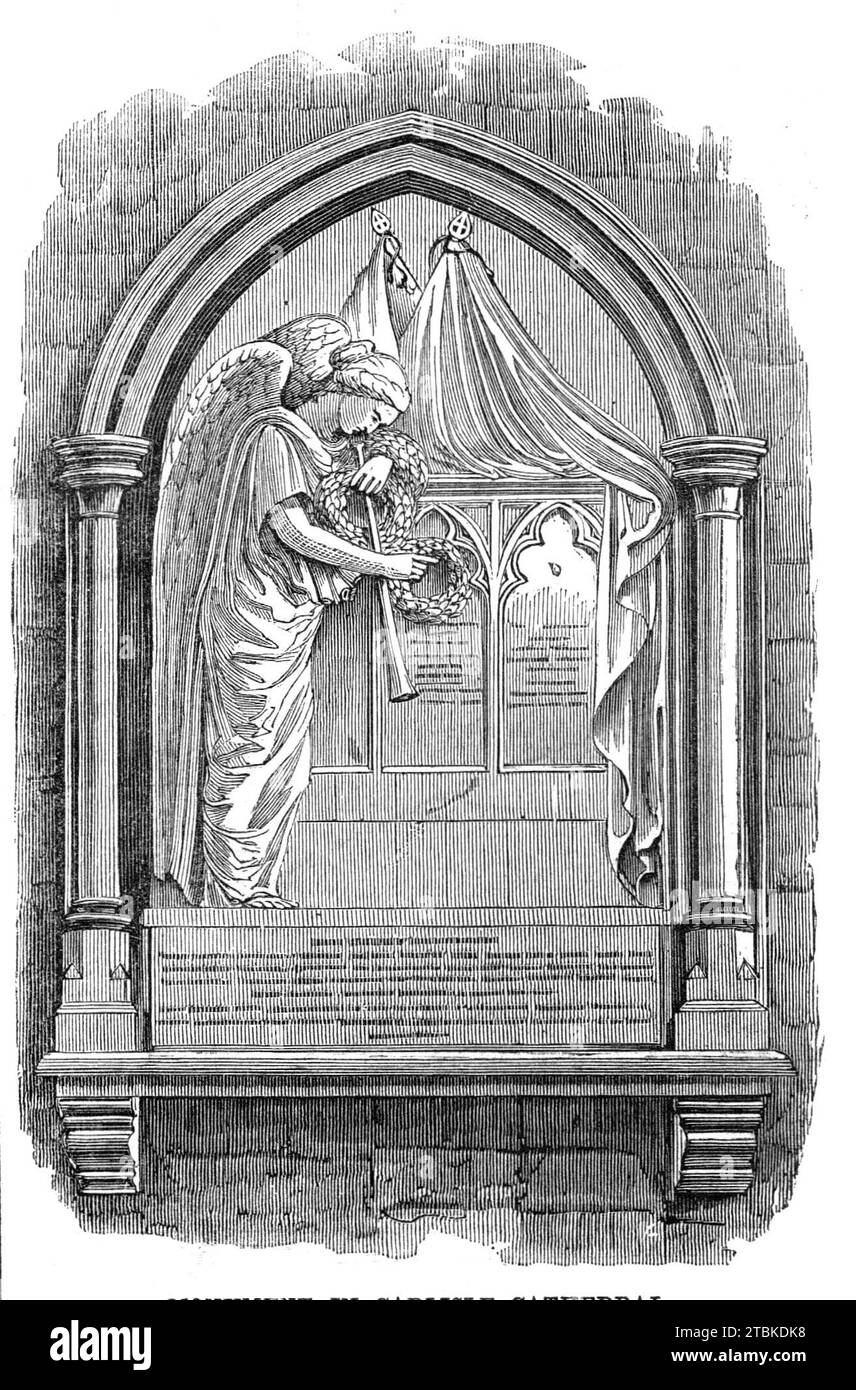 Monument in Carlisle Cathedral to the officers and privates of the 34th Regiment who fell in the Crimean Campaign, 1861. Monument in Carrara marble by Steele of Edinburgh. 'The figure of Fame is gracefully represented mourning over the fallen, and suspending above their names wreaths of laurel. The central compartments contain the names of the officers and the number of the sergeants, corporals, drummers, and privates...viz., Captains John Shiffner and John Robinson; Lieutenants Francis Richard Hurst, Hector Maclean Lawrence, Henry Daniel Alt, William Walker Jordan, Robert Browne Clayton, Norm Stock Photo