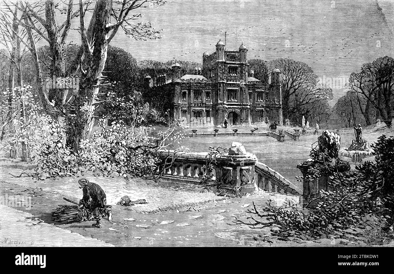 Julian: a Legend of Ravenshurst - illustrated by R. P. Leitch, 1861. Illustration to a poem by Katherine Saunders: 'Terrace peacocks shrieking coarsely, Warn him of the people&#x2019;s hate; And the ravens, croaking hoarsely, Clamorous watch the coming fate...For he heard a mother singing, In a ruined cot apart; And her shrill voice, wild and ringing, Like a dagger smote his heart...For she sang how children perished, Daily in the stricken land, While the feudal lord was cherished In his princely castle grand'. From &quot;Illustrated London News&quot;, 1861. Stock Photo