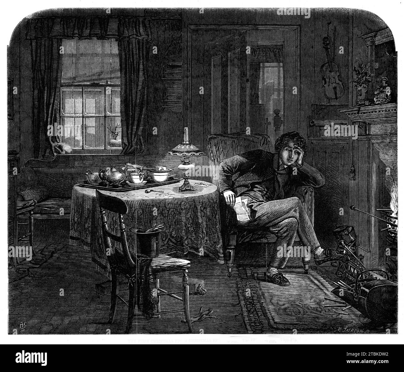 The first Christmas from home - drawn by A. Hunt, 1861. A young man in slippers sits by the fire holding a letter from his family. On another chair are his top hat, scarf and one glove - the other lies on the floor. A tray with tea things is on the table. From &quot;Illustrated London News&quot;, 1861. Stock Photo