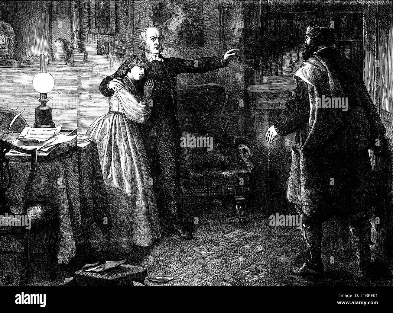 &quot;The Curate of Glevering&quot;, the Denunciation of Charles Trevor -  drawn by J. D. Watson, 1861. Illustration to a Christmas short story by William J. Stewart. '&quot;Her face flushed crimson, but her voice was calm. &quot;Yes, Louis.&quot; &quot;I want to recall - without mentioning his name, so hard should I find it to do so calmly - one who - who&quot; - &quot;I will spare you the pain, Louis,&quot; she said calmly. &quot;You mean Charles Trevor, who was so false - to you in friendship, and in love to me.&quot; He looked up in amaze at her calm face, his own racked and white with pas Stock Photo