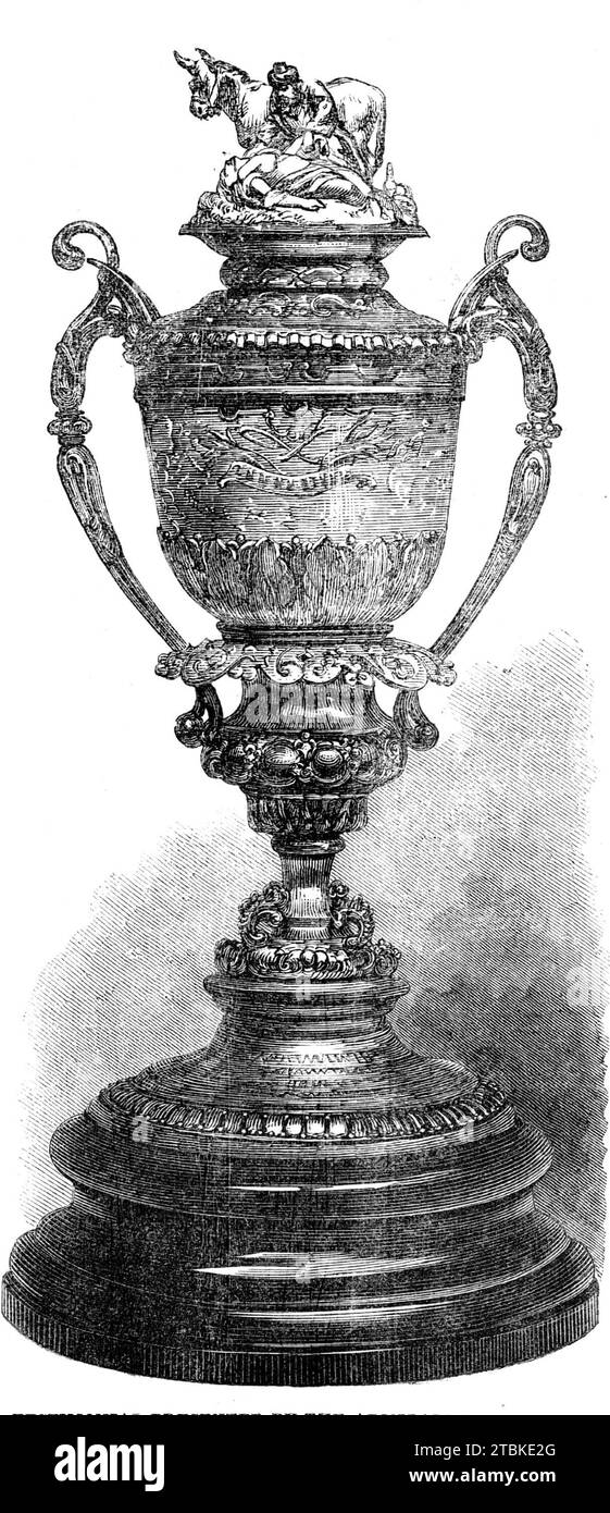 Testimonial presented by the Admiralty to M. and Mdme. Legrand of Cordova, 1861. 'The handsome piece of presentation plate of which we give an Engraving has just been executed by Messrs. R. and S. Garrard, of the Haymarket, for the Admiralty. An inscription engraved on the foot of the cup explains the particulars of the incident which gave rise to its being made and presented. It is as follows: &quot;Presented by the Admiralty of Great Britain to Monsieur and Madame Legrand, of Cordova, to mark their appreciation of the kindness and hospitality shown to Captain Aldham, of H.M.S. Valorous, when Stock Photo