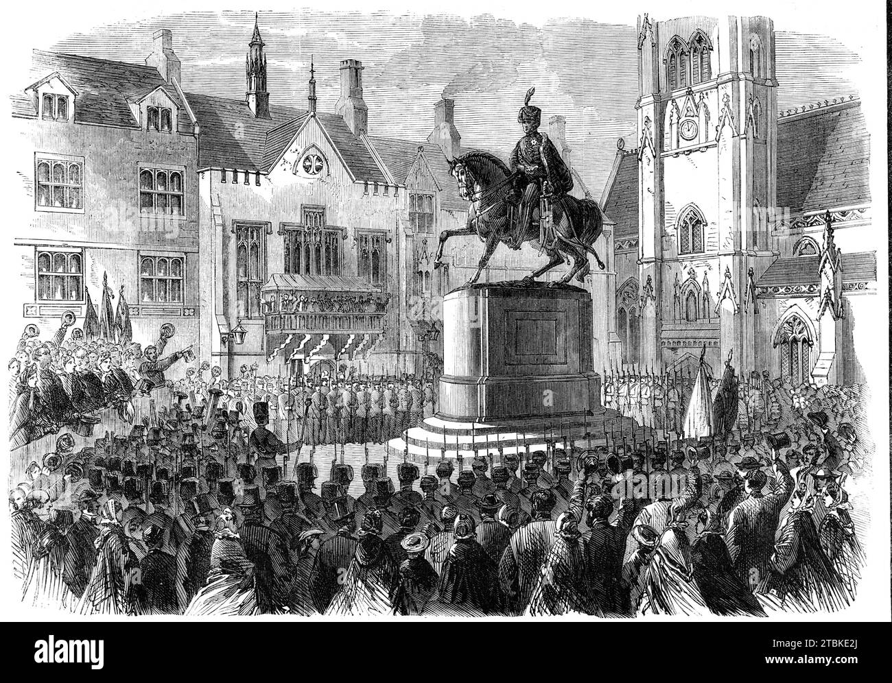 Inauguration of the statue to the memory of the late Marquis of Londonderry at Durham, 1861. 'The site of the monument is in the market-place, immediately adjoining St. Nicholas' Church and the Townhall. The work has been executed by the process of metal depositing called galvano-plastic, or electrotyping, and it is the only equestrian statue and the largest production attempted as yet by this process by a private sculptor...The attendance of several of the volunteer corps of the district was a fitting mark of respect to the memory of the deceased Marquis...The Marchioness of Londonderry and p Stock Photo