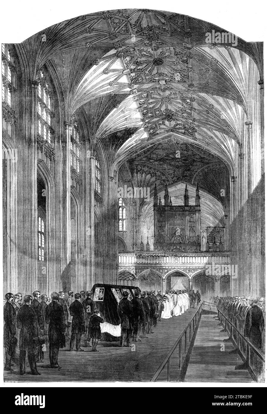 The Funeral of His Late Royal Highness the Prince Consort:  the Funeral Procession in the nave of St. George's Chapel, Windsor, 1861. 'By the express desire of his Royal Highness the funeral was of the plainest and most private character...A gradually rising platform led from the Castle-yard into the nave [of St George's Chapel], along the sides and centre of which a stage had been erected...This stage...and the floor of the chapel itself, were covered with black cloth; a simple white line marking the course of the bier from the west end of the nave to the entrance of the Royal vault...The pal Stock Photo