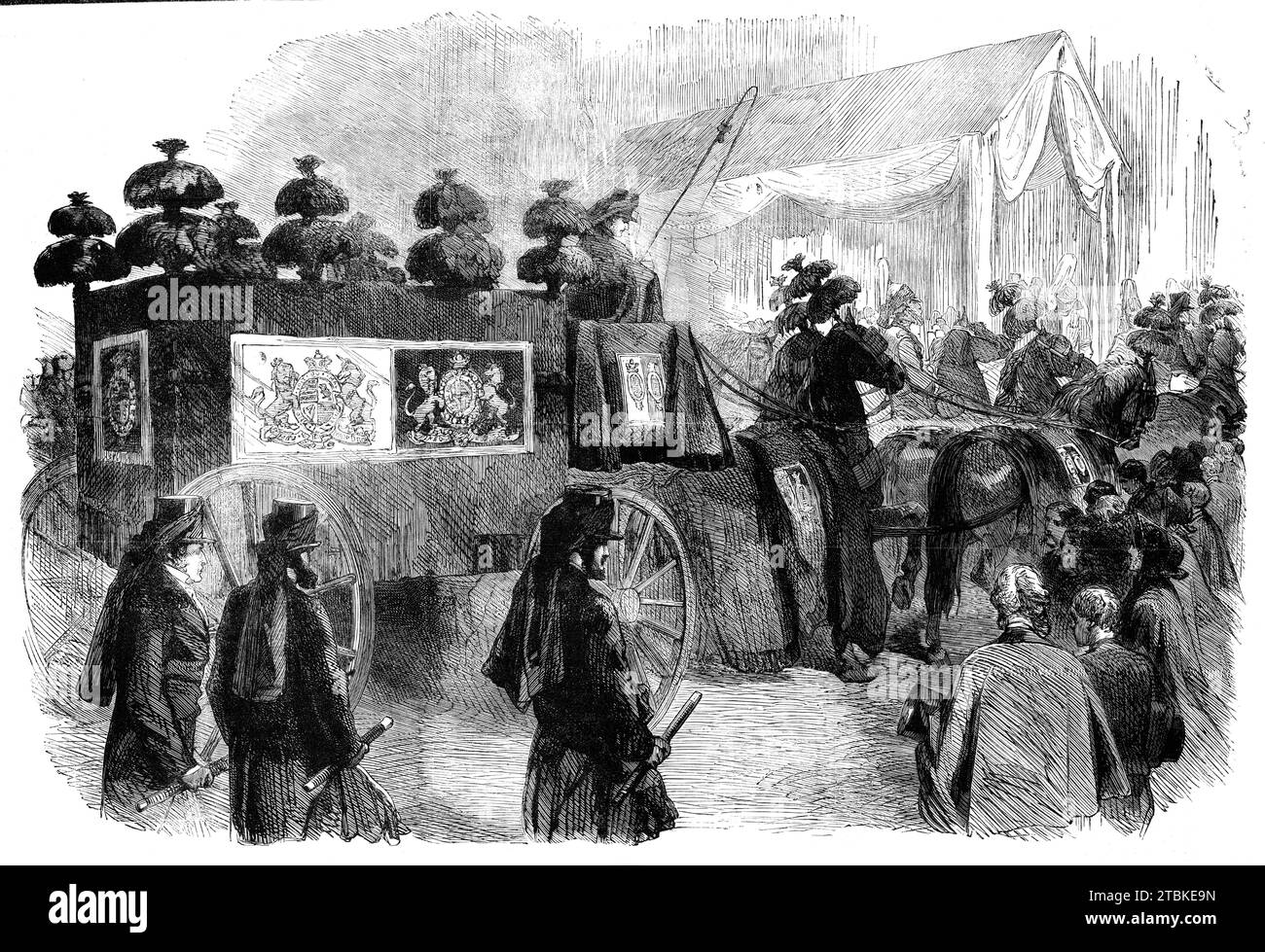 The Funeral of His Late Royal Highness the Prince Consort: the Hearse approaching St. George's Chapel, 1861. Prince Albert's hearse, drawn by six horses, accompanied by mourners. 'On Monday the remains of the late Prince Consort were interred in the last resting-place of England's Sovereigns - the Chapel Royal of St. George's, Windsor. By the express desire of his Royal Highness the funeral was of the plainest and most private character; but the chief men of the State were assembled to do honour to his obsequies, and by every sign of sorrow and mourning the nation at large manifested its sense Stock Photo