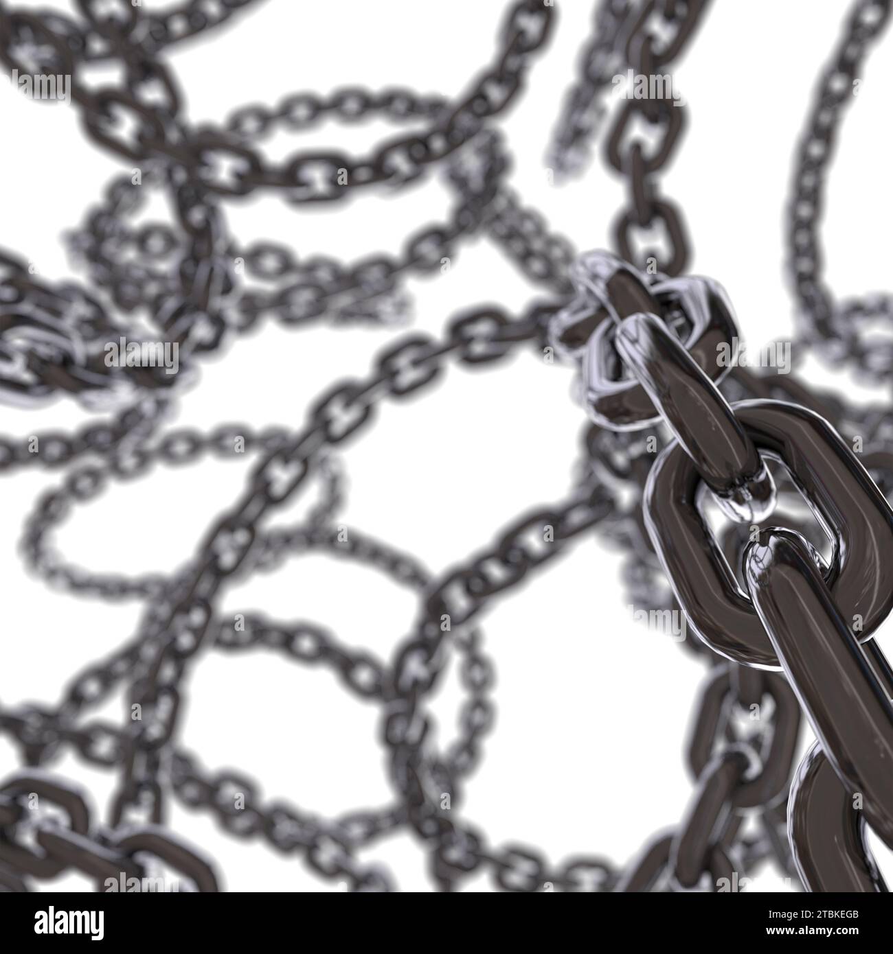Intersecting 3d chrome metal chains swirling in the air render Stock Photo