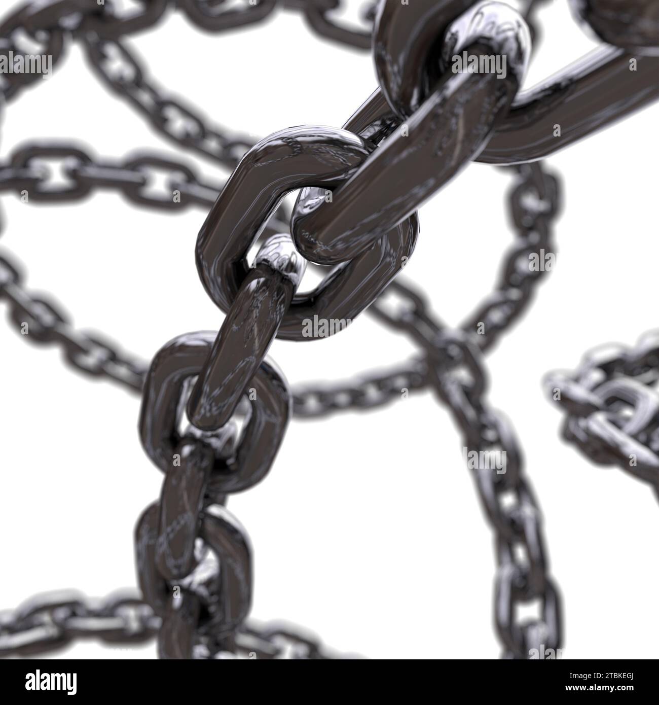 Intersecting 3d chrome metal chains swirling in the air render Stock Photo