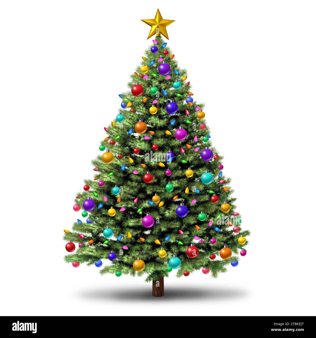 Christmas-Tree and Happy New Year-party celebration isolated on a white background with decorations as a festive evergreen single plant with detailed Stock Photo