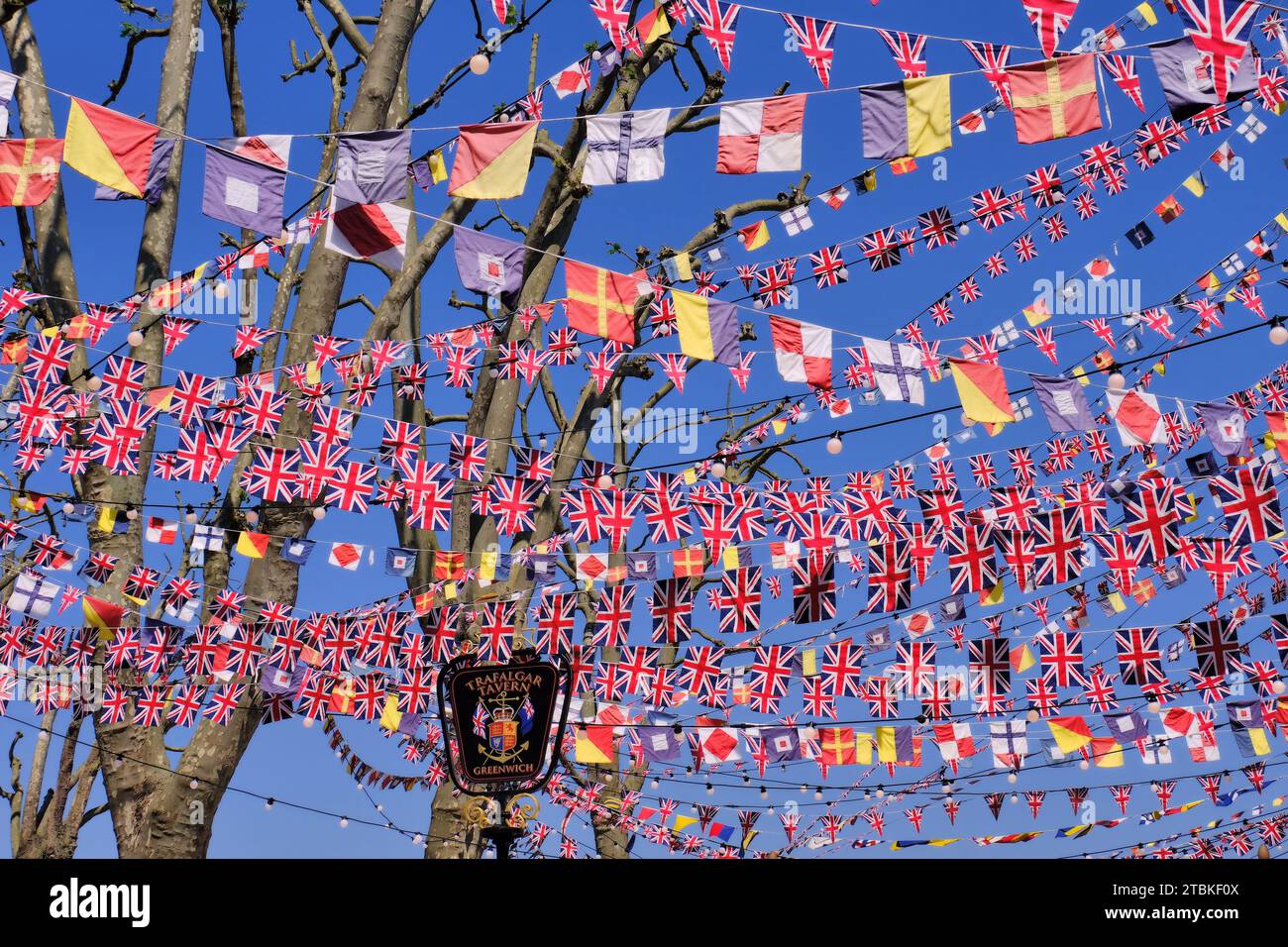 Greenwich Colourful union jacks, flags and bunting for coronation of