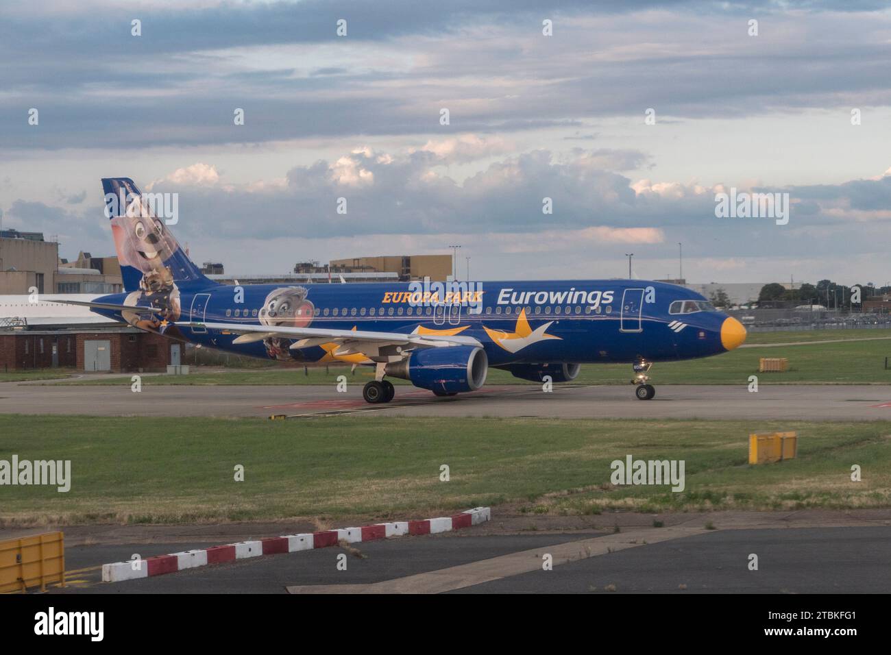 A Eurowings Airbus A320 aeroplane with Europa Park livery taxiing in