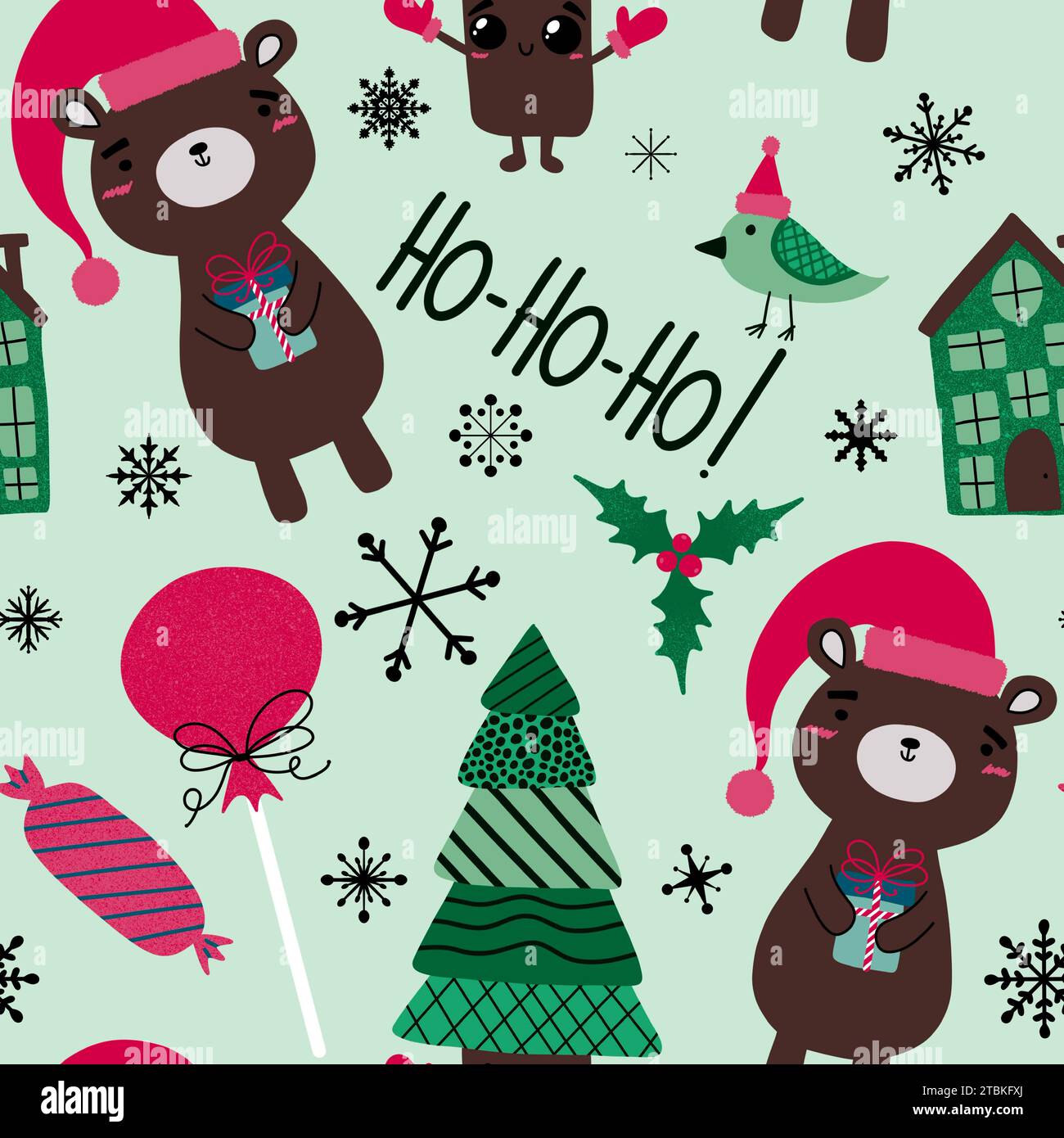 Christmas tree and animals seamless bears and candy and house and snowflakes pattern for wrapping paper and new year packaging and fabrics and Noel ac Stock Photo