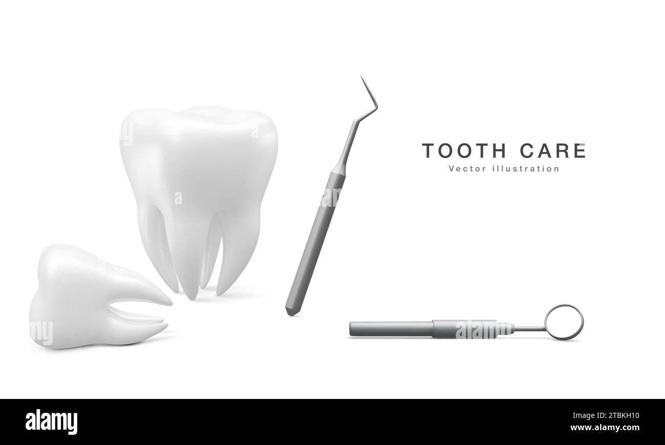 Realistic tooth, dental probe and dental mirror for teeth isolated on