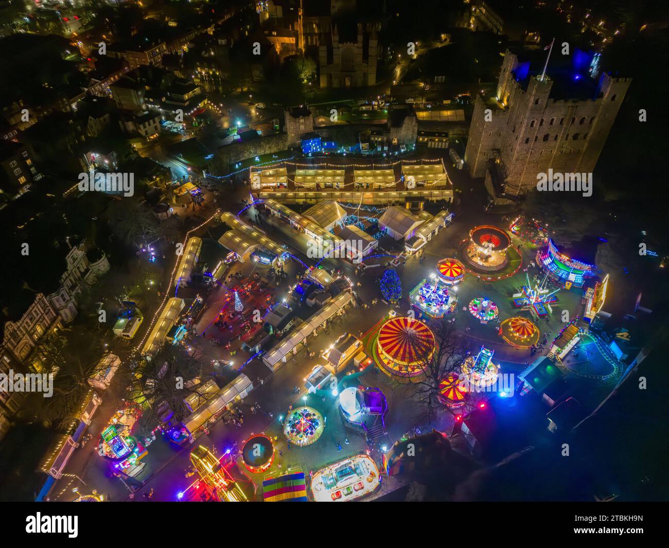 Rochester Christmas market view from above taken by a drone. Funfair in