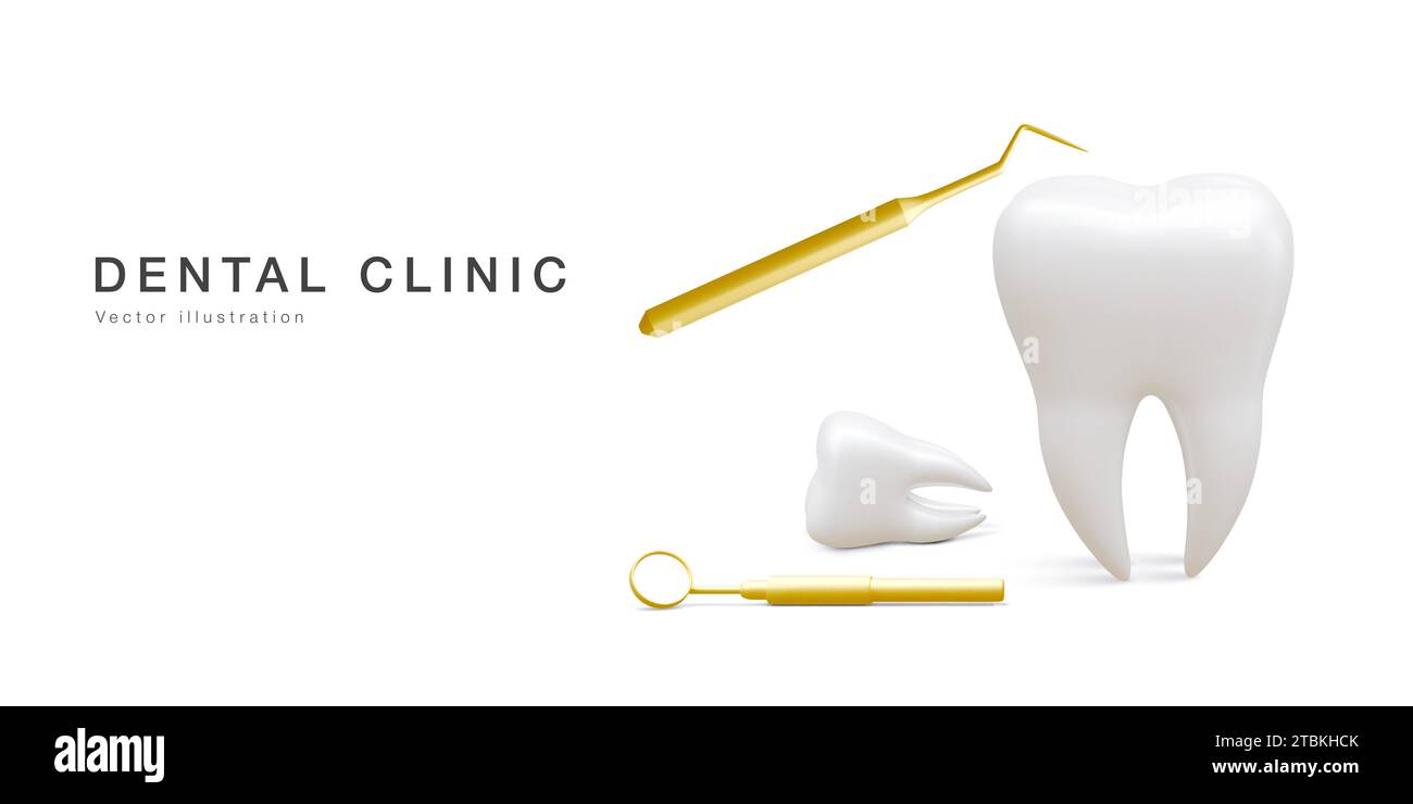 Realistic tooth, dental probe and dental mirror for teeth isolated on