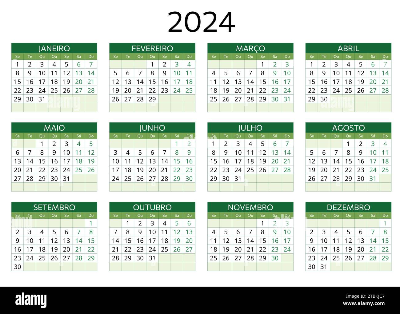 2024 portuguese calendar. Simple vector template illustration for
