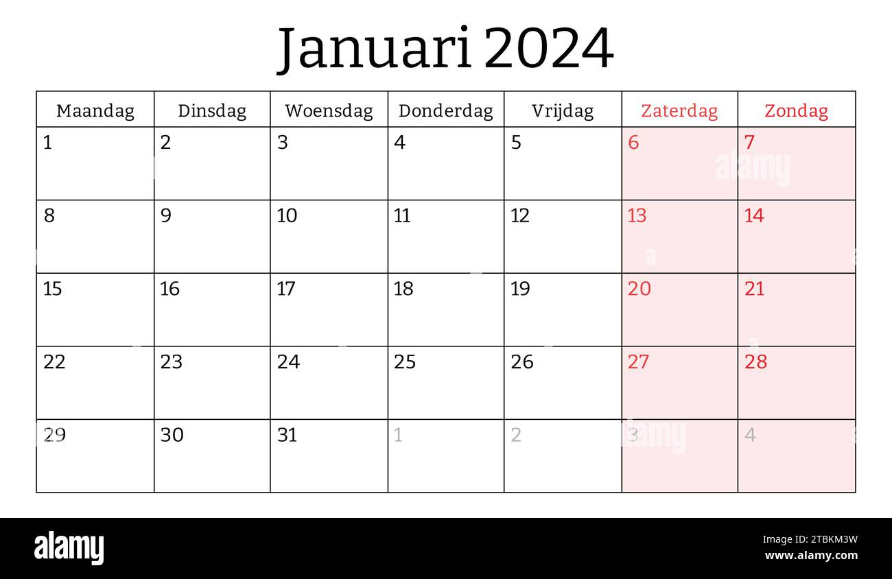 January 2024 dutch month calendar. Vector printable illustration