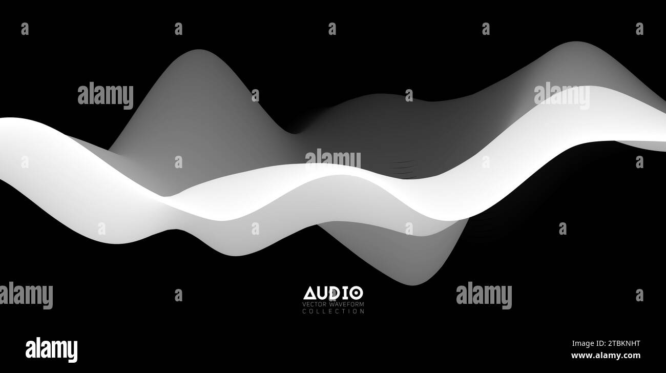 Sound wave visualiztion. 3D black and white solid waveform. Voice sample pattern. Stock Vector