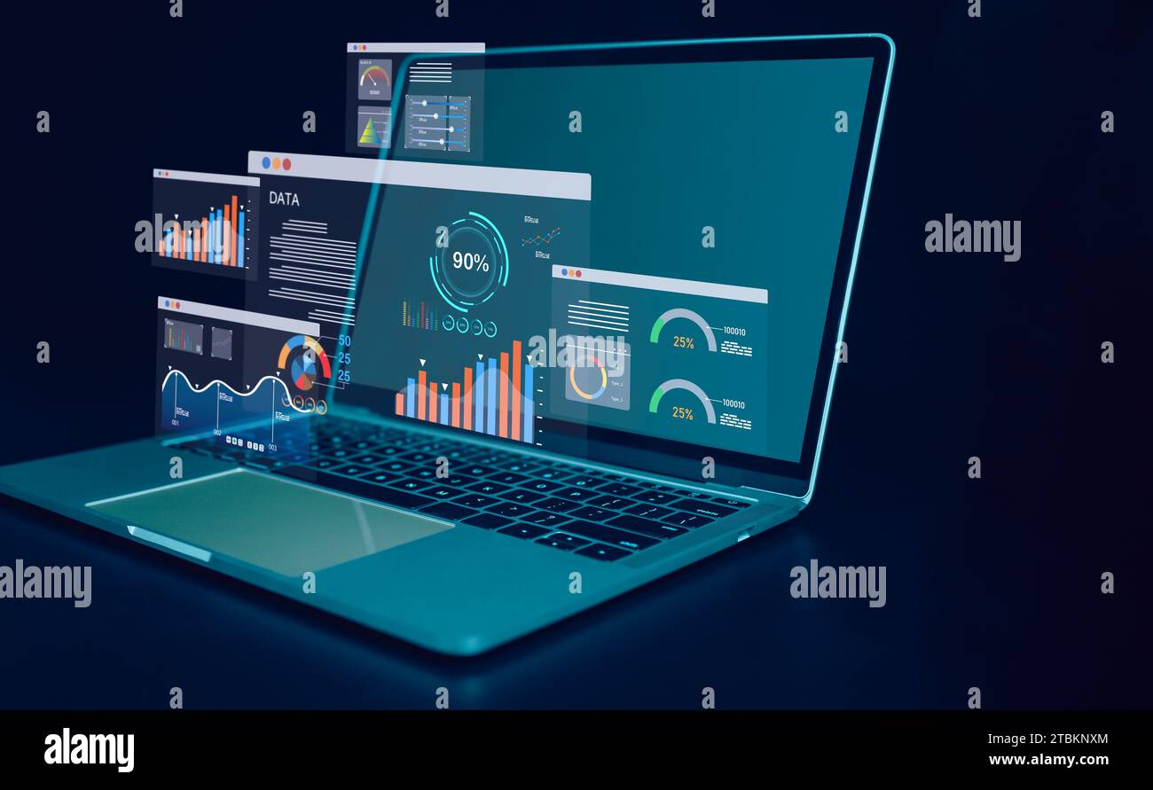 Laptop computer on dark background and dashboard for business analysis