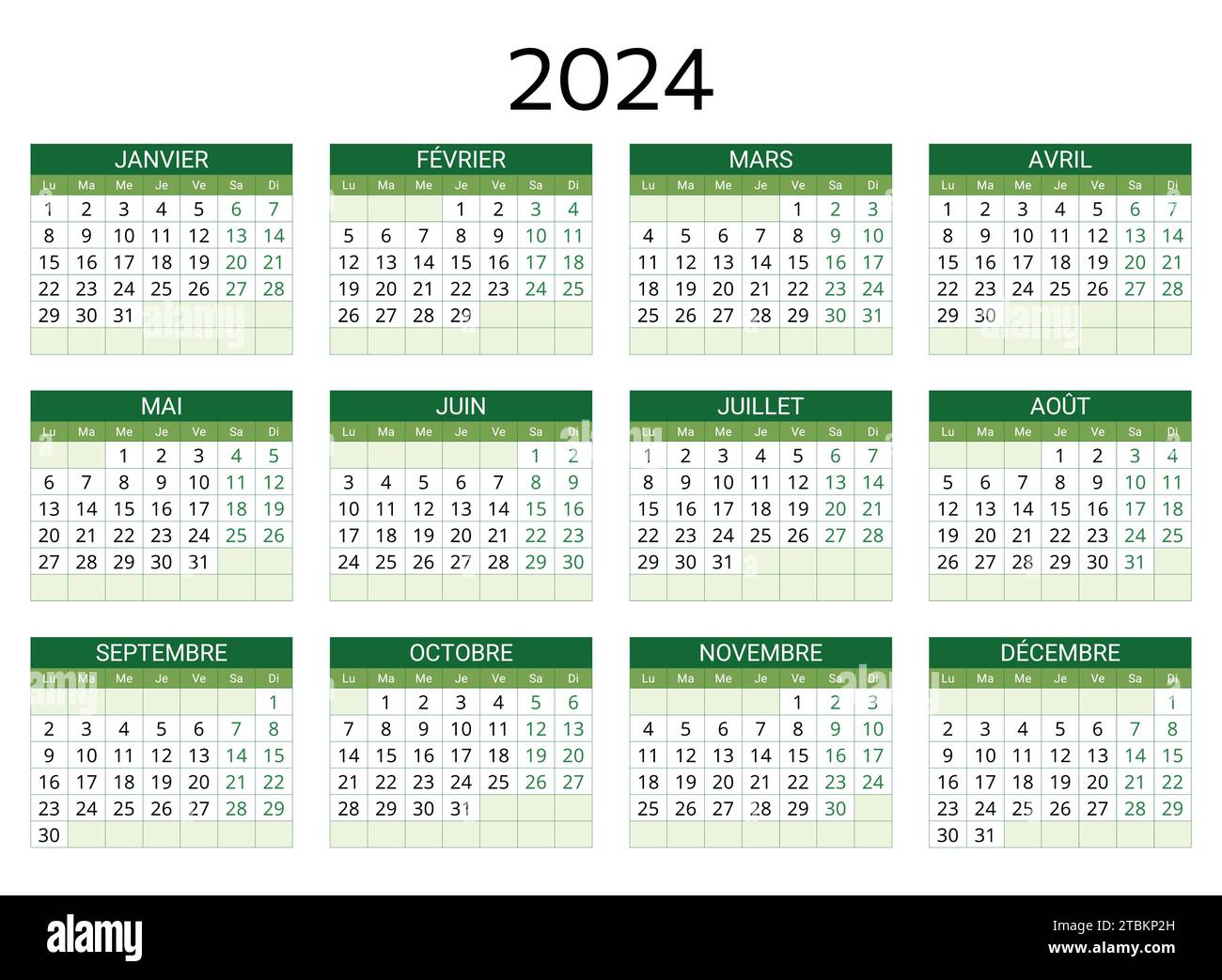 2024 french calendar. Printable, editable vector illustration for