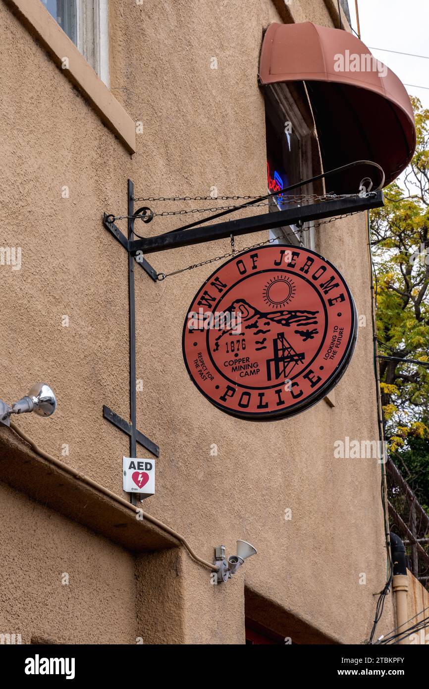Jerome, AZ - Nov. 16, 2023: Town of Jerome Police sign shows 'Respect for the Past' and 'Looking to the Future' Stock Photo