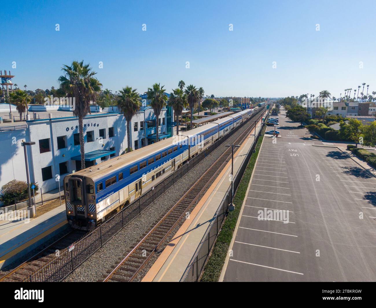 Drone Photo of Passenger Trains in Oceanside and Del Mar California Stock Photo