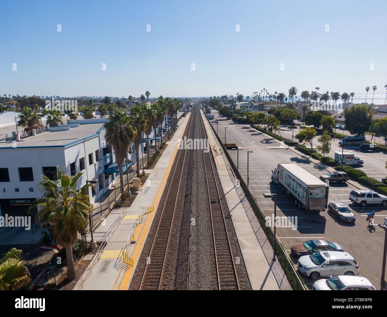 Drone Photo of Passenger Trains in Oceanside and Del Mar California Stock Photo