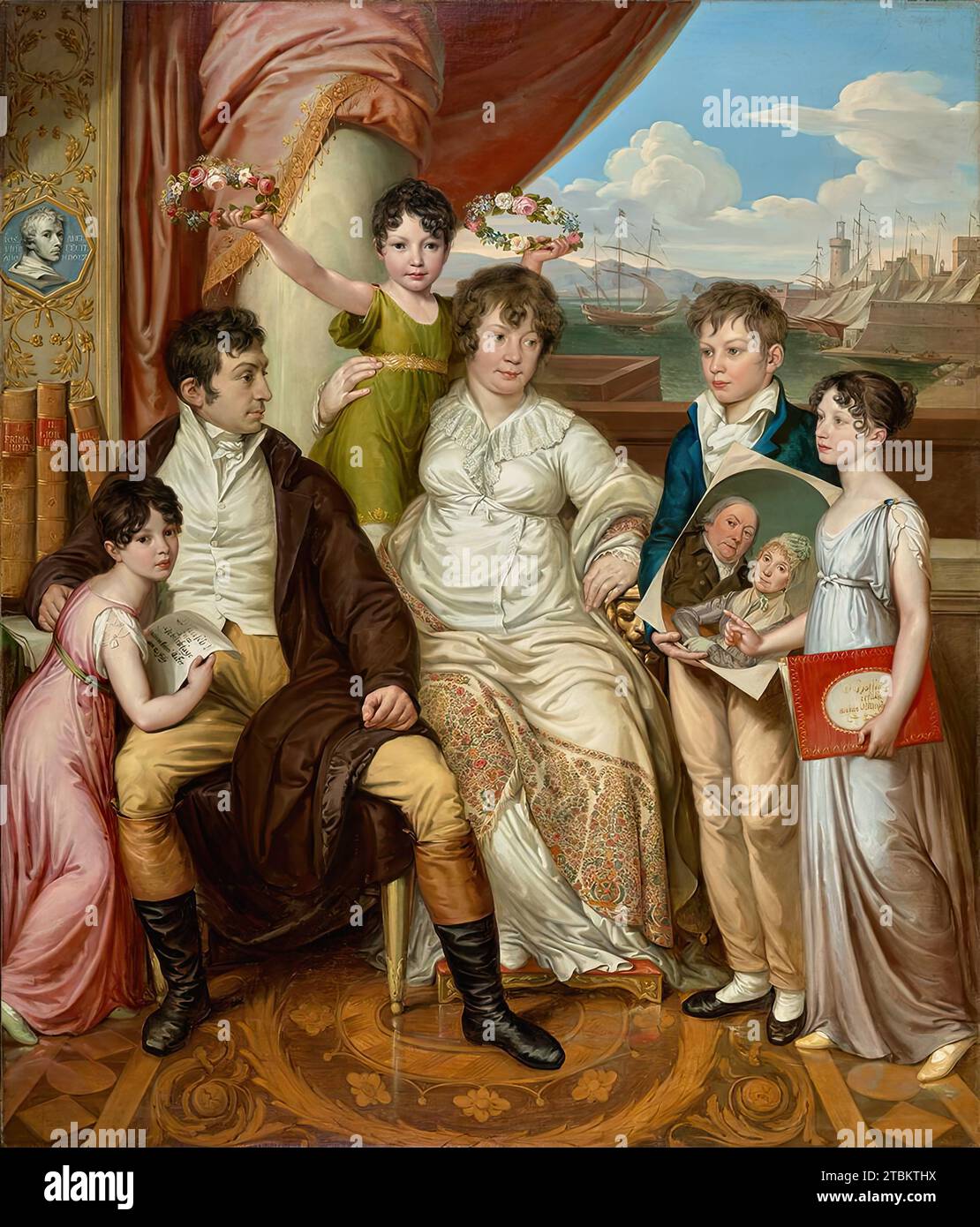 The family of the wholesaler Johann Christian Edler von Bruchmann, 1810. The family portrait shows the wholesaler Johann Christian Edler von Bruchmann (1769-1849), who came from Cologne but lived in Vienna since 1788, with his wife Justina, called Weis (1774-1840, married 1797), and his son Franz Seraph (1798-1867 ) and daughters Sibylla Justina (1799-1820), Isabella Josepha (1801-1836) and Justina Johanna Maria (1805-1829). The oval double portrait that Franz Seraph holds in his hands probably shows the merchant's parents, the merchant and factory owner in Cologne, Christian August Joseph Bru Stock Photo